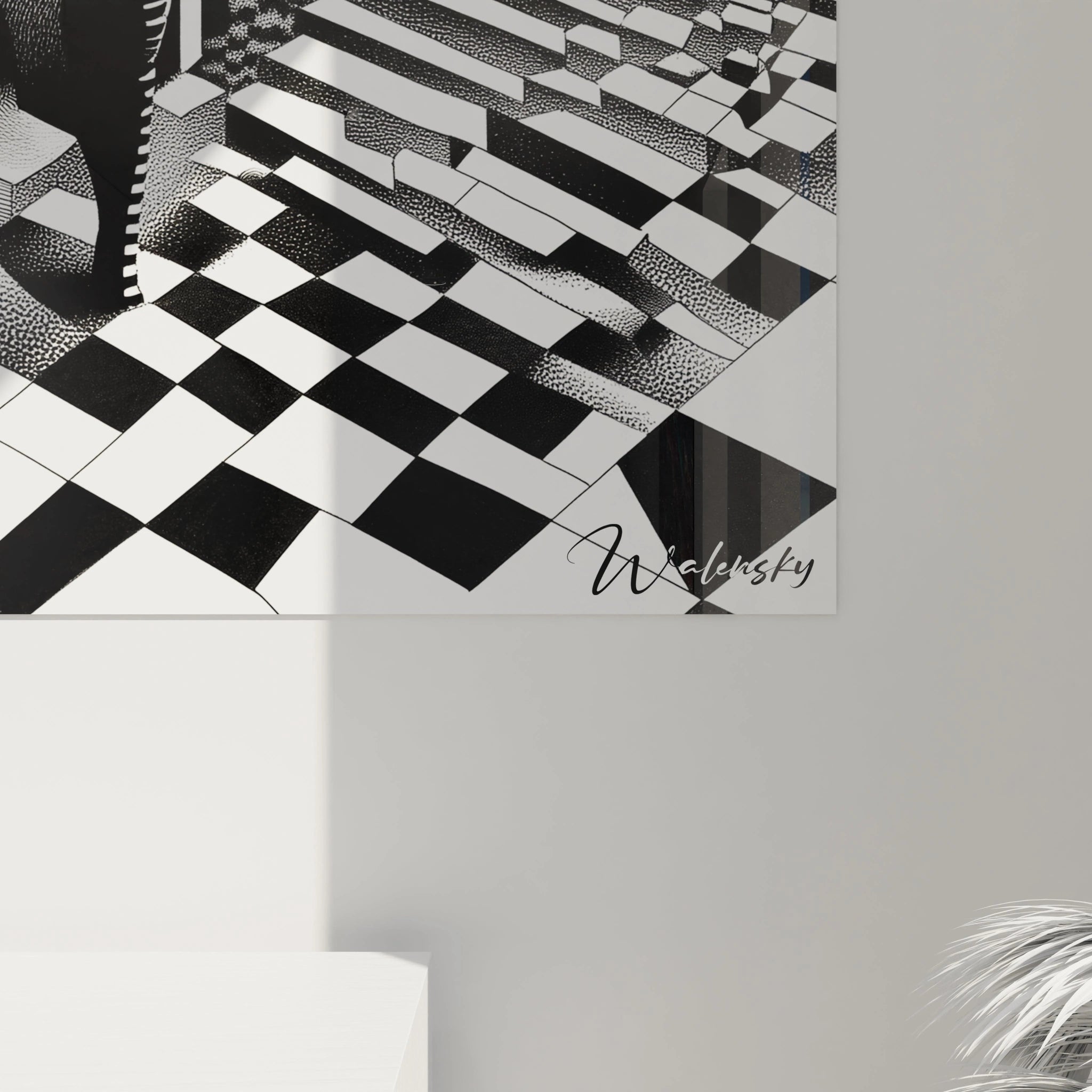 Tableau trompe l'œil Walensky en noir et blanc avec motifs géométriques d'escaliers et damier