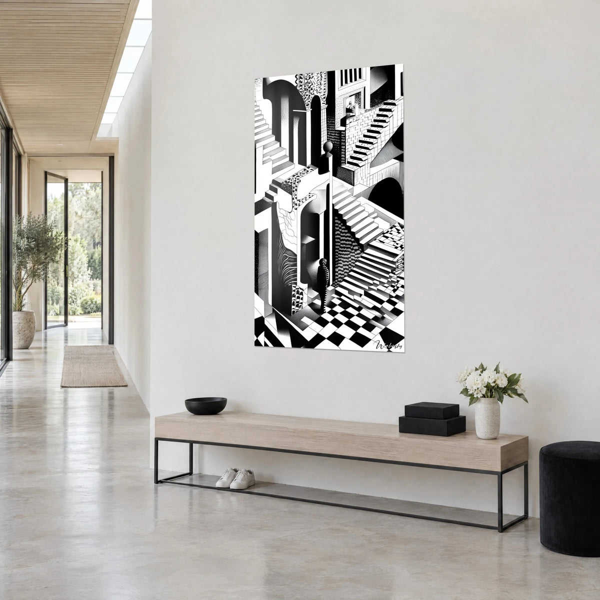 Tableau labyrinthe d'arches et de marches en noir et blanc, pointillés et damier, accroché de trois-quarts au-dessus d'une console en bois clair
