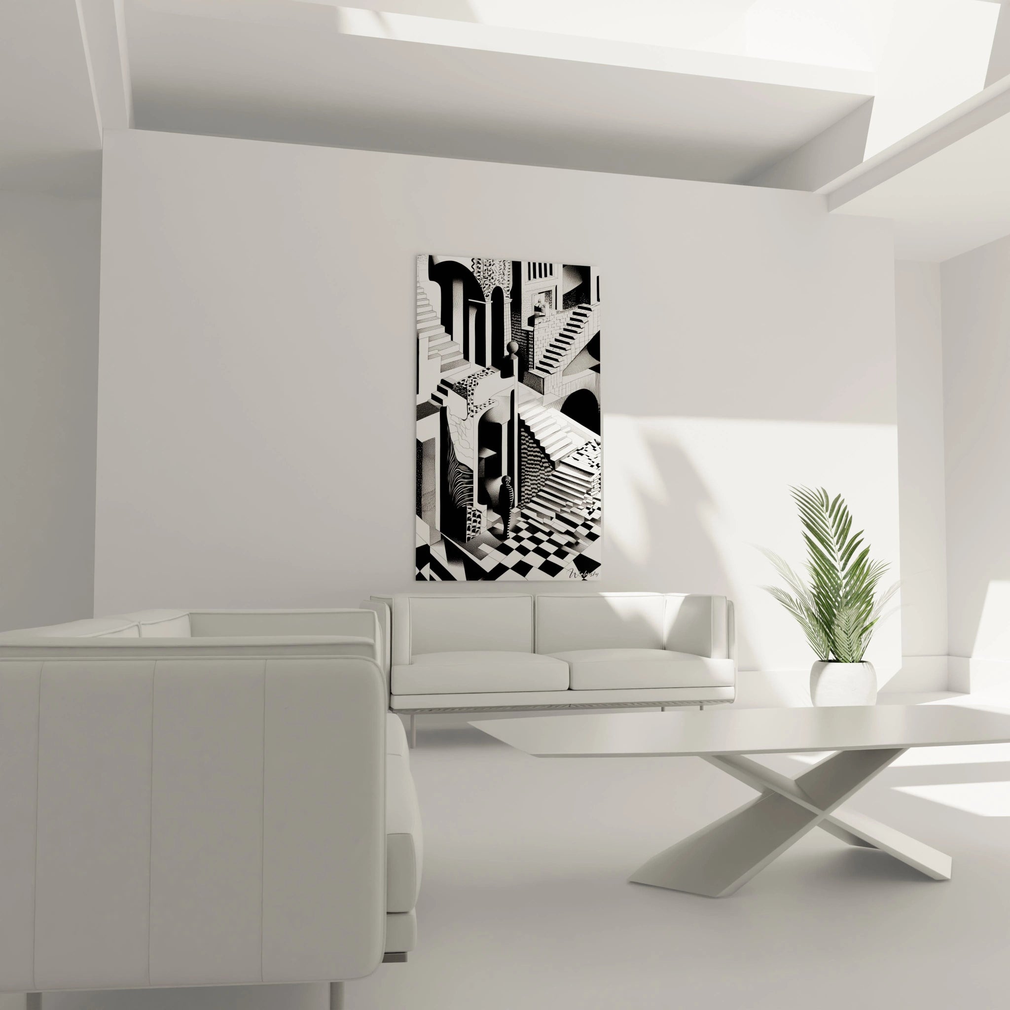 Tableau trompe l'oeil noir et blanc de Walensky avec motifs géométriques, suspendu dans un salon moderne minimaliste