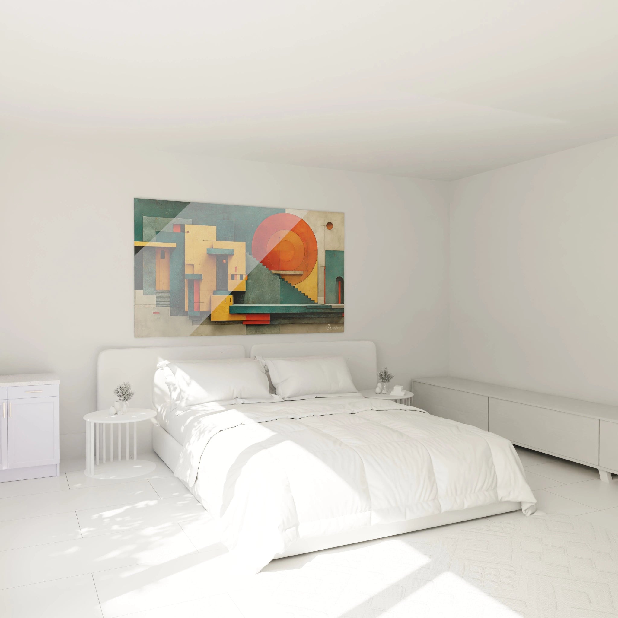 tableau mural architecture géométrique Walensky au dessus du lit double blanc dans une chambre minimaliste lumineuse