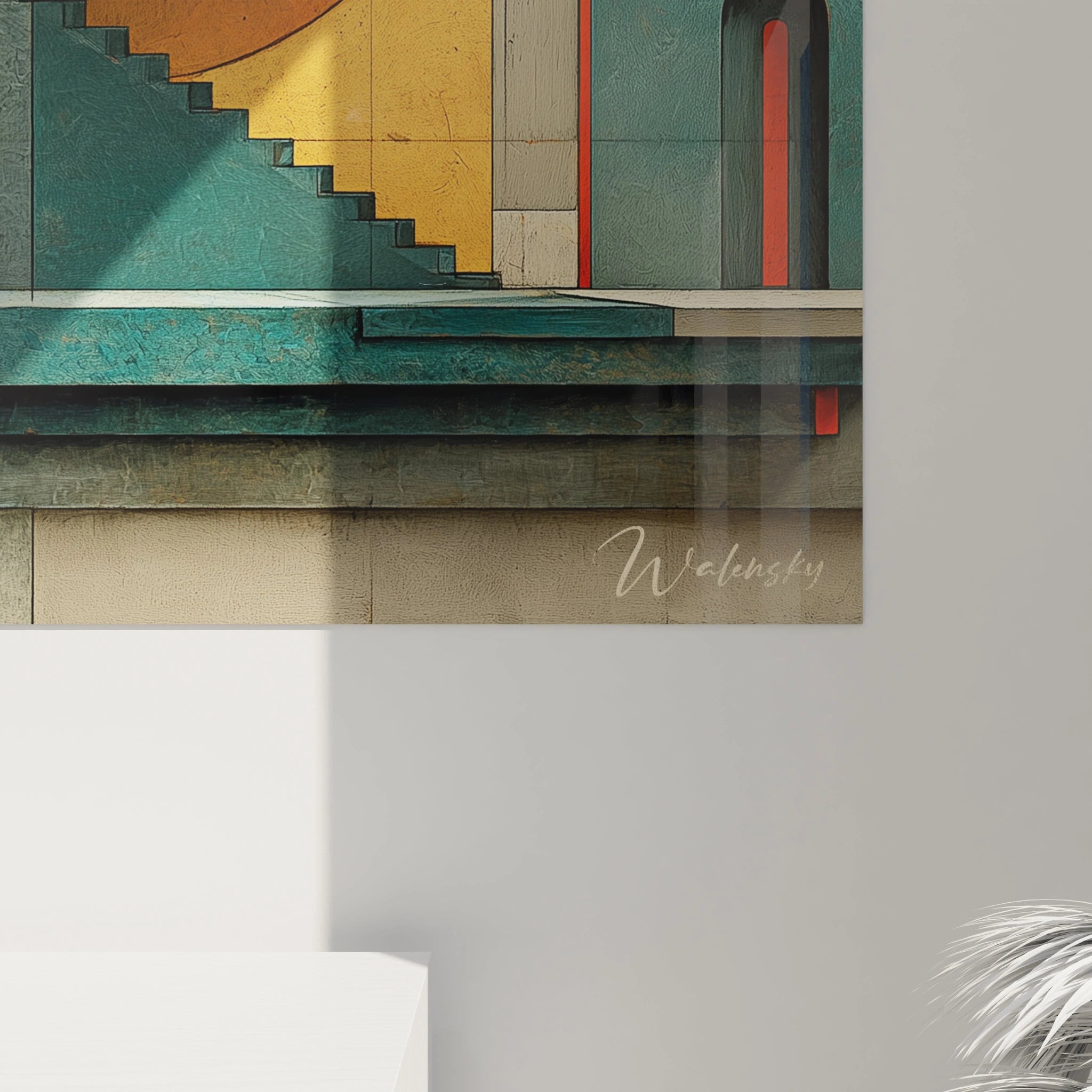 tableau mural architecture géométrique Walensky montrant escaliers et arches colorés bleu jaune rouge