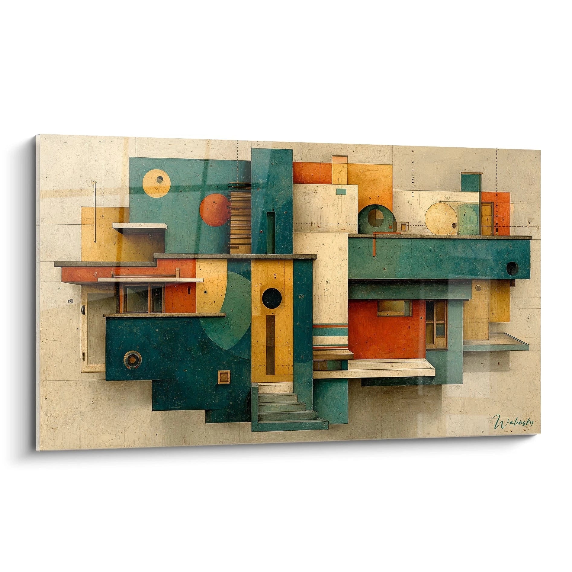 tableau bauhaus géométrique mural Walensky peinture abstraite aux formes géométriques superposées teal orange et beige