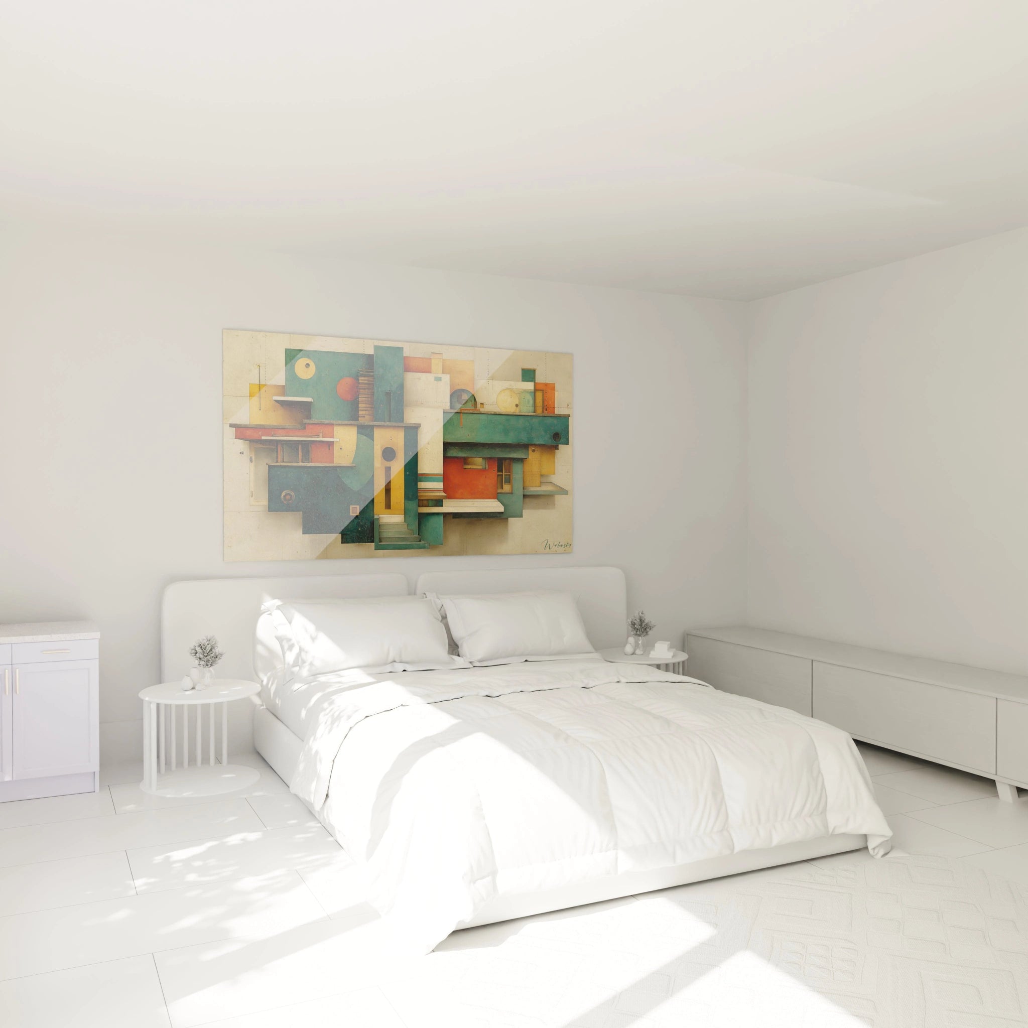 tableau bauhaus géométrique Walensky au dessus d un lit dans une chambre blanche minimaliste avec formes colorées