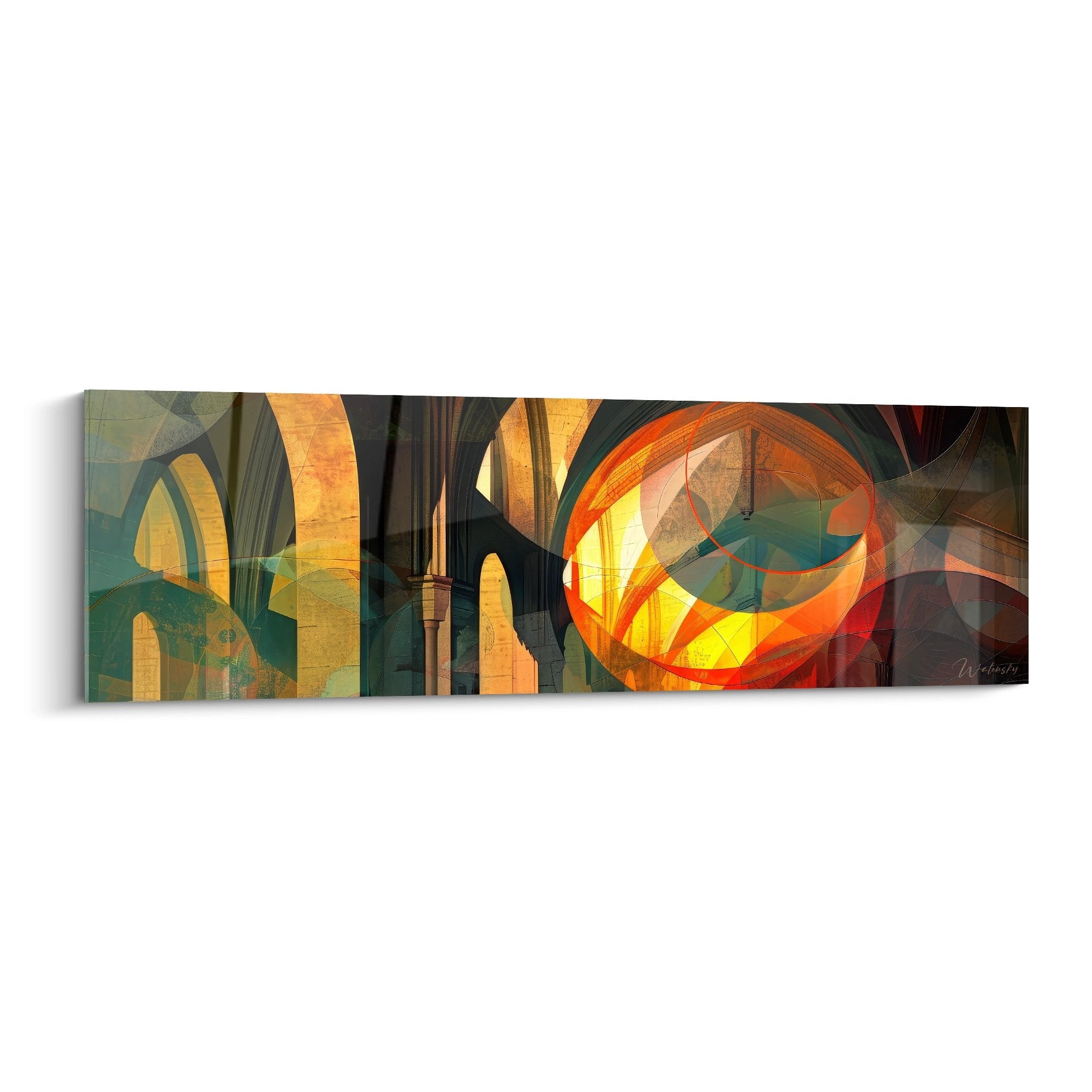Tableau mural architecture gothique abstraite avec colonnes et spirale lumineuse orange sur fond géométrique moderne