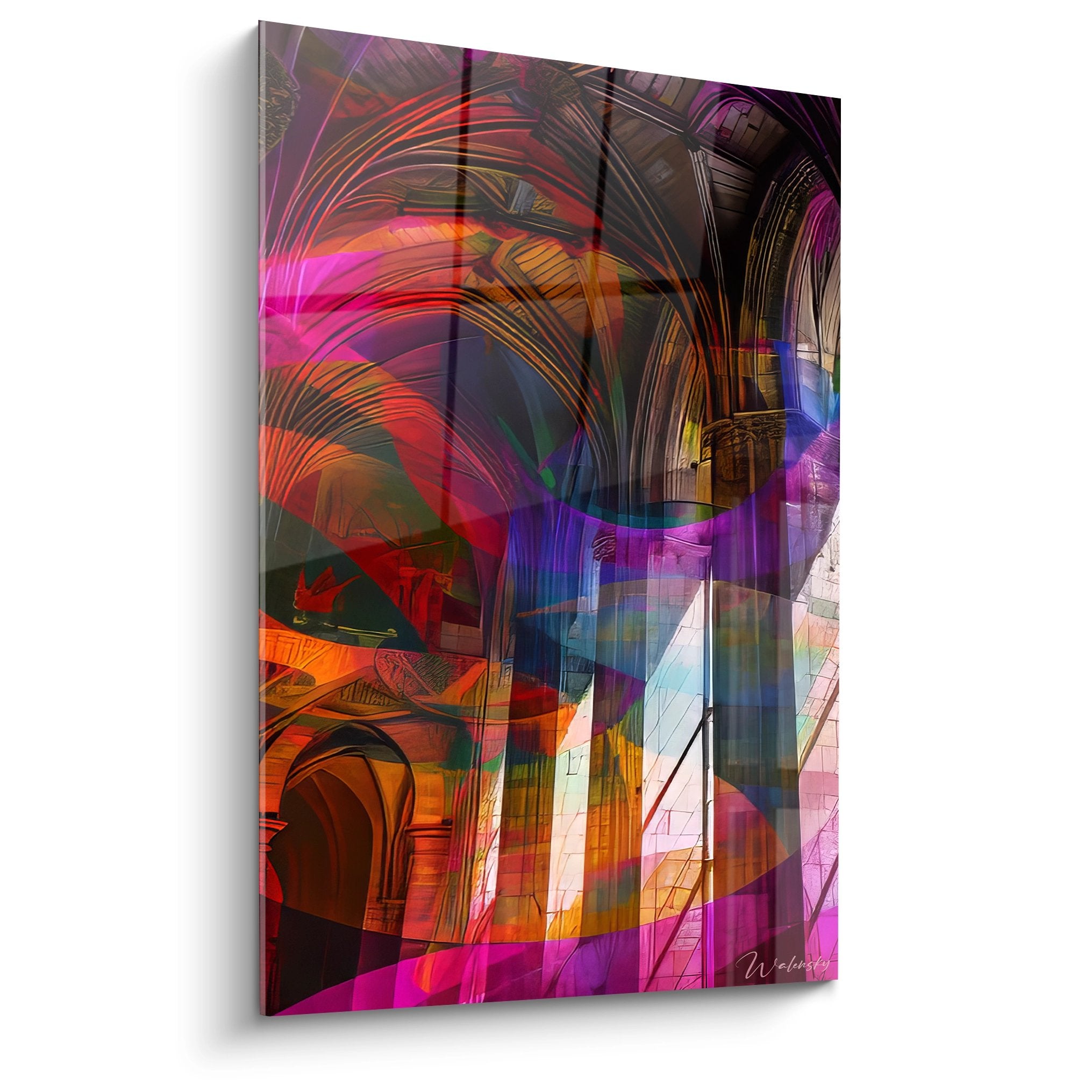 Tableau architecture gothique moderne aux couleurs vives, voûtes et colonnes stylisées en rose violet orange