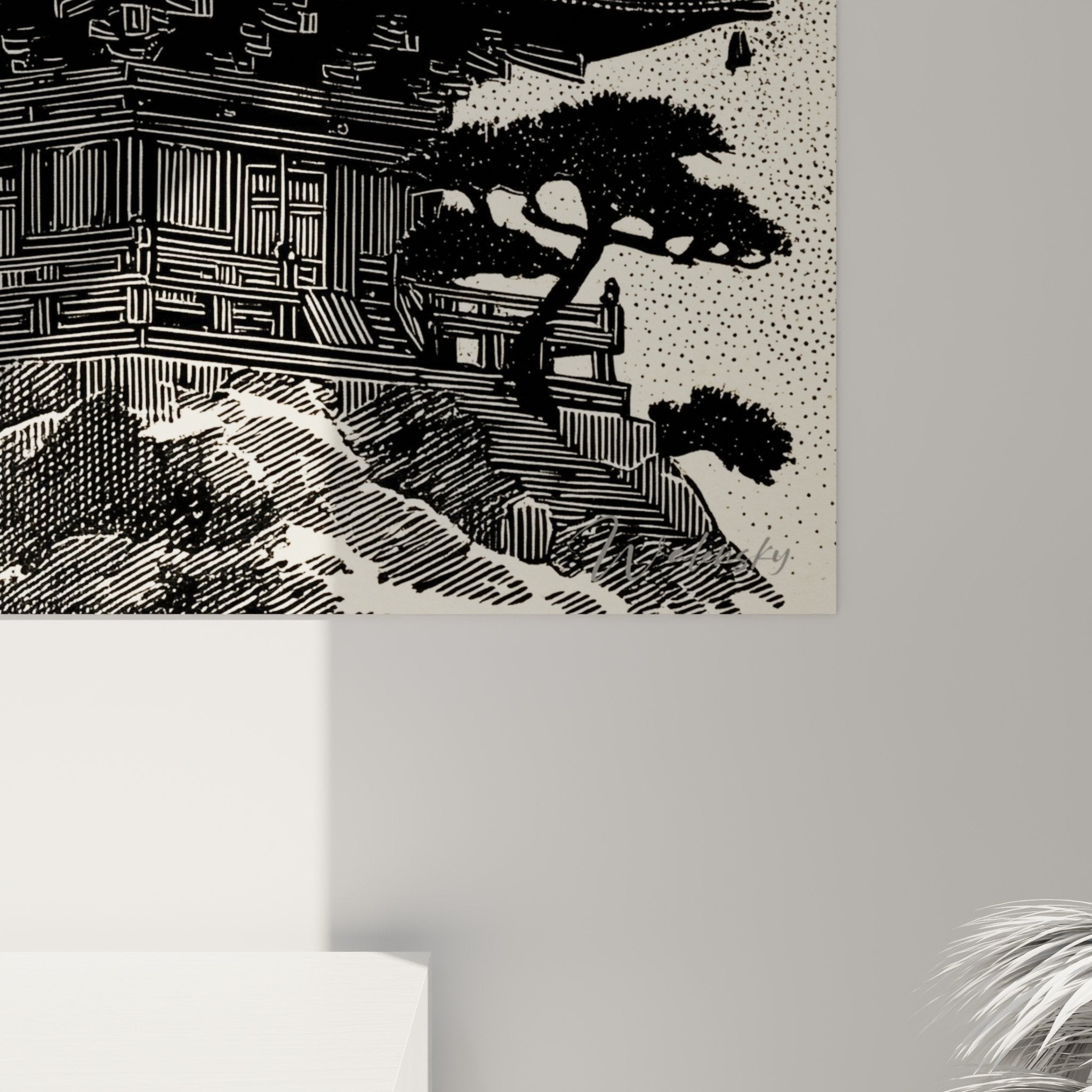 Vue d'ensemble tableau pagode japonaise dans intérieur moderne avec mobilier bois naturel et décoration zen