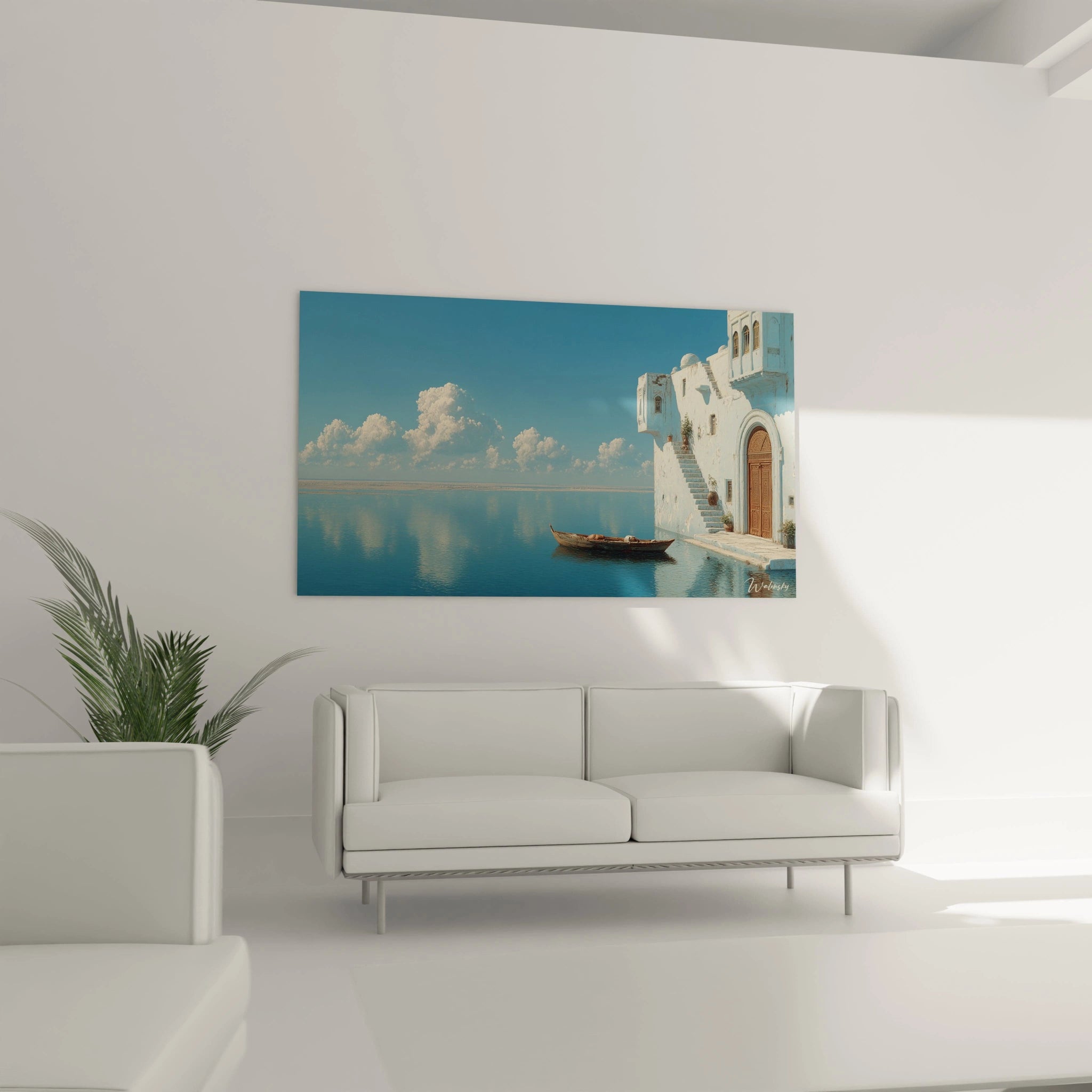 Tableau mural Walensky présentant tableau architecture méditerranéenne bleu et blanc avec barque escalier et reflet sur eau