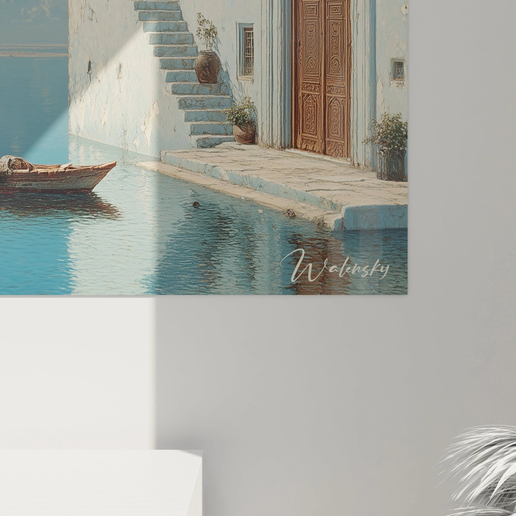 Walensky tableau architecture méditerranéenne représentant une façade ensoleillée au bord de l eau avec une barque