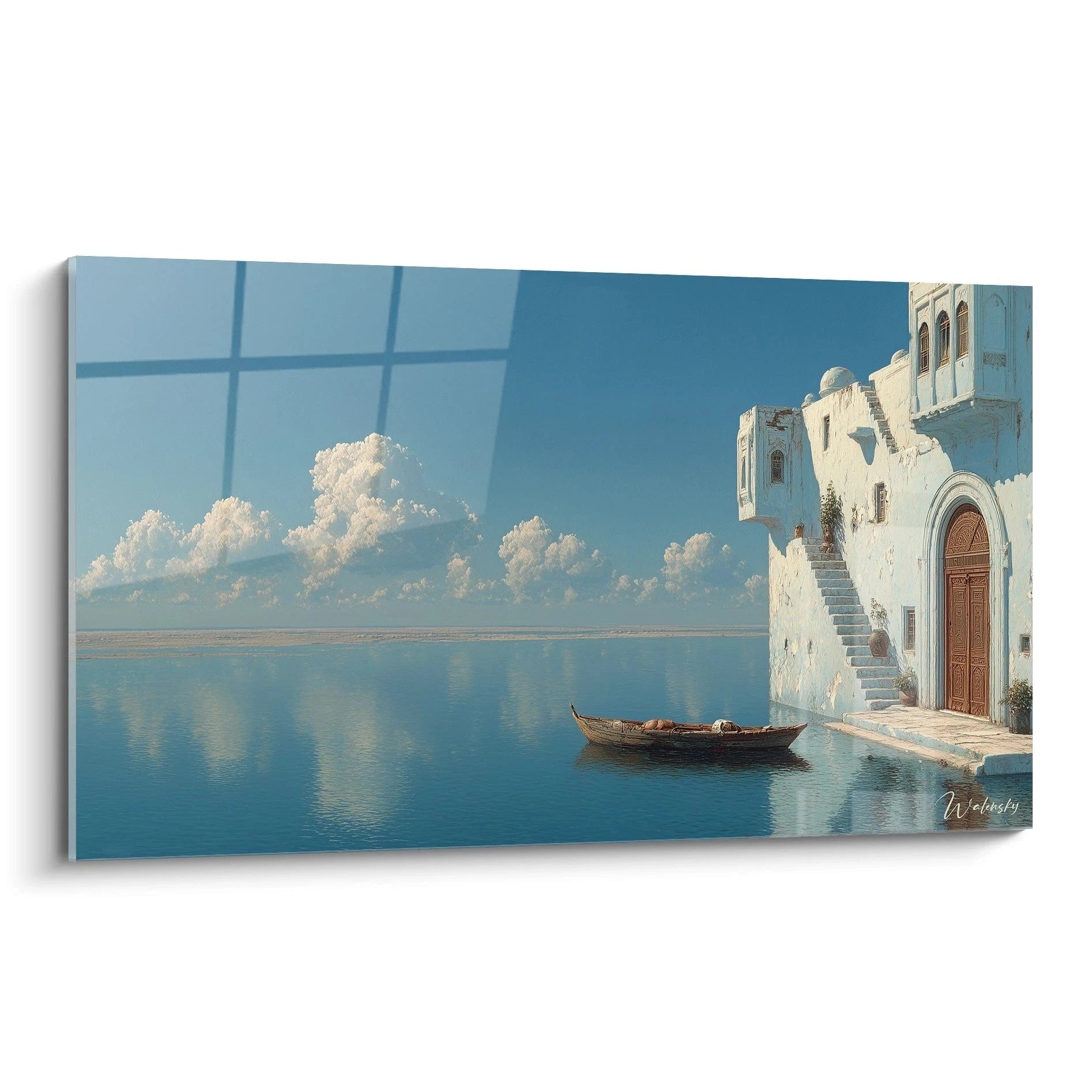 Walensky tableau architecture méditerranéenne montrant maison blanche au bord de la mer calme avec petite barque en bois