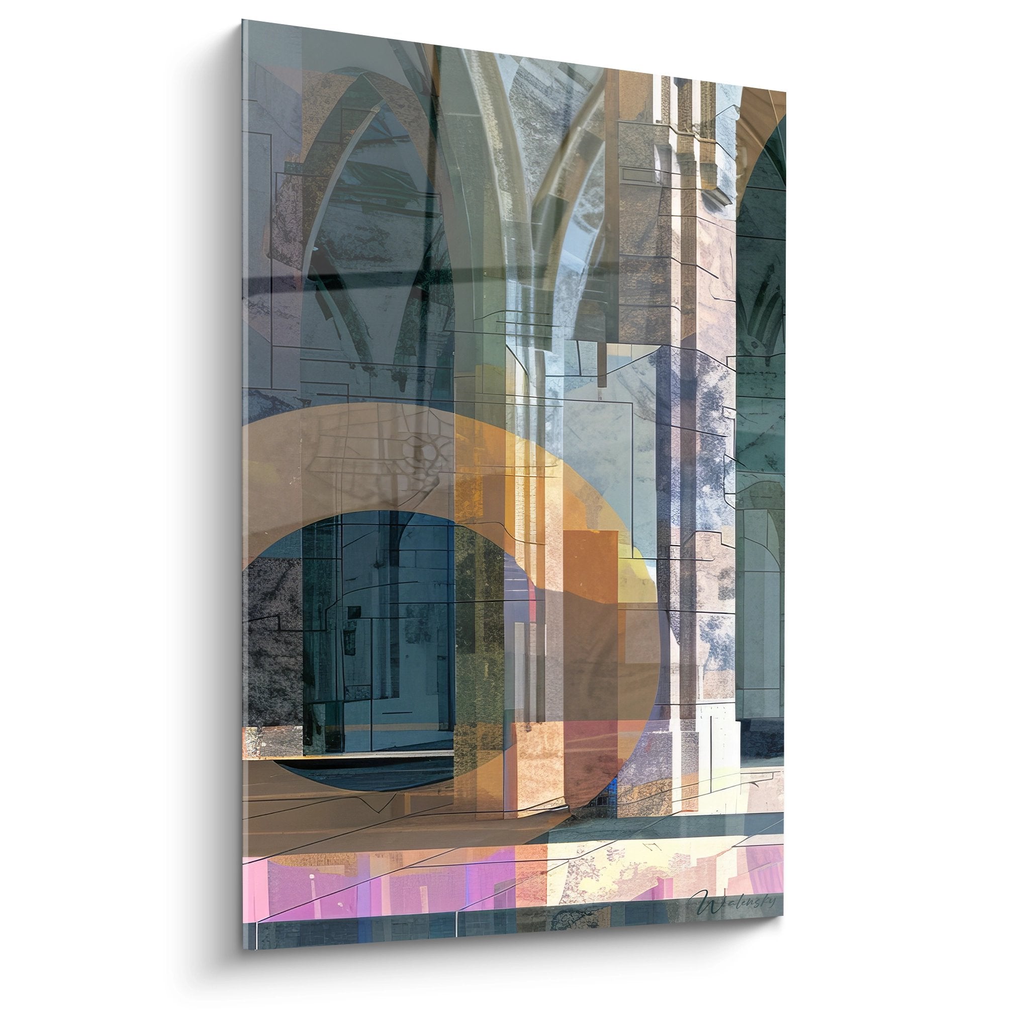 Tableau mural architecture moderne abstraite aux formes géométriques colorées et transparences urbaines contemporaines