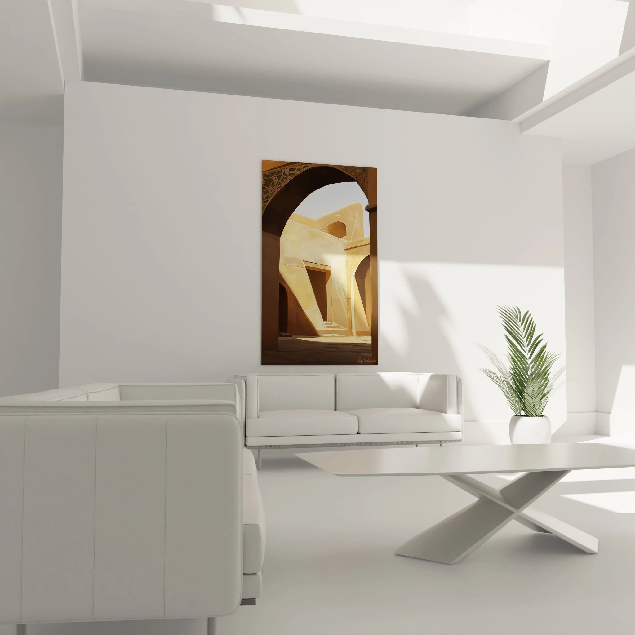 Tableau africain mural Walensky représentant un œil bleu sur fond blanc dans un salon moderne