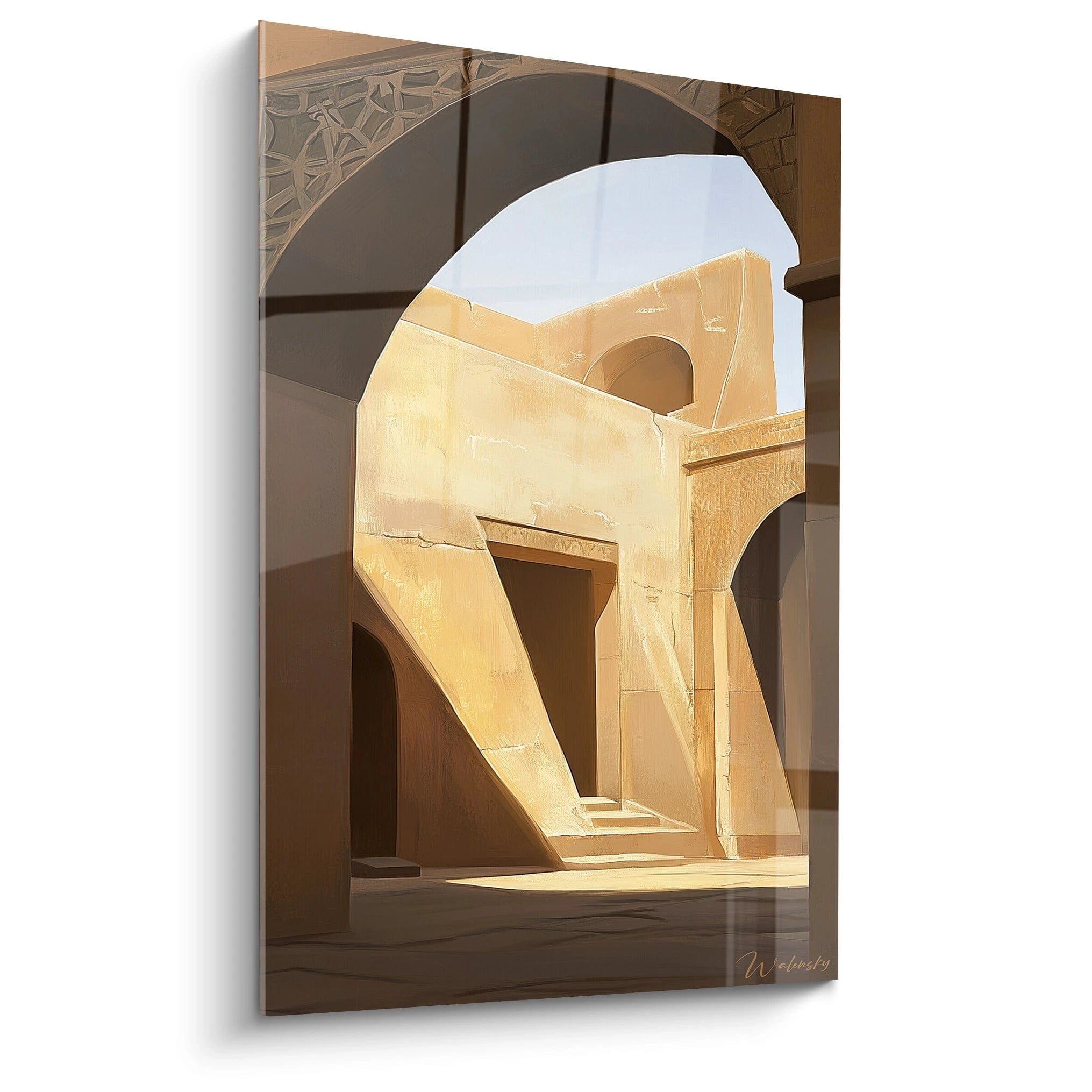 Tableau africain mural par Walensky représentant une architecture traditionnelle en lumière douce