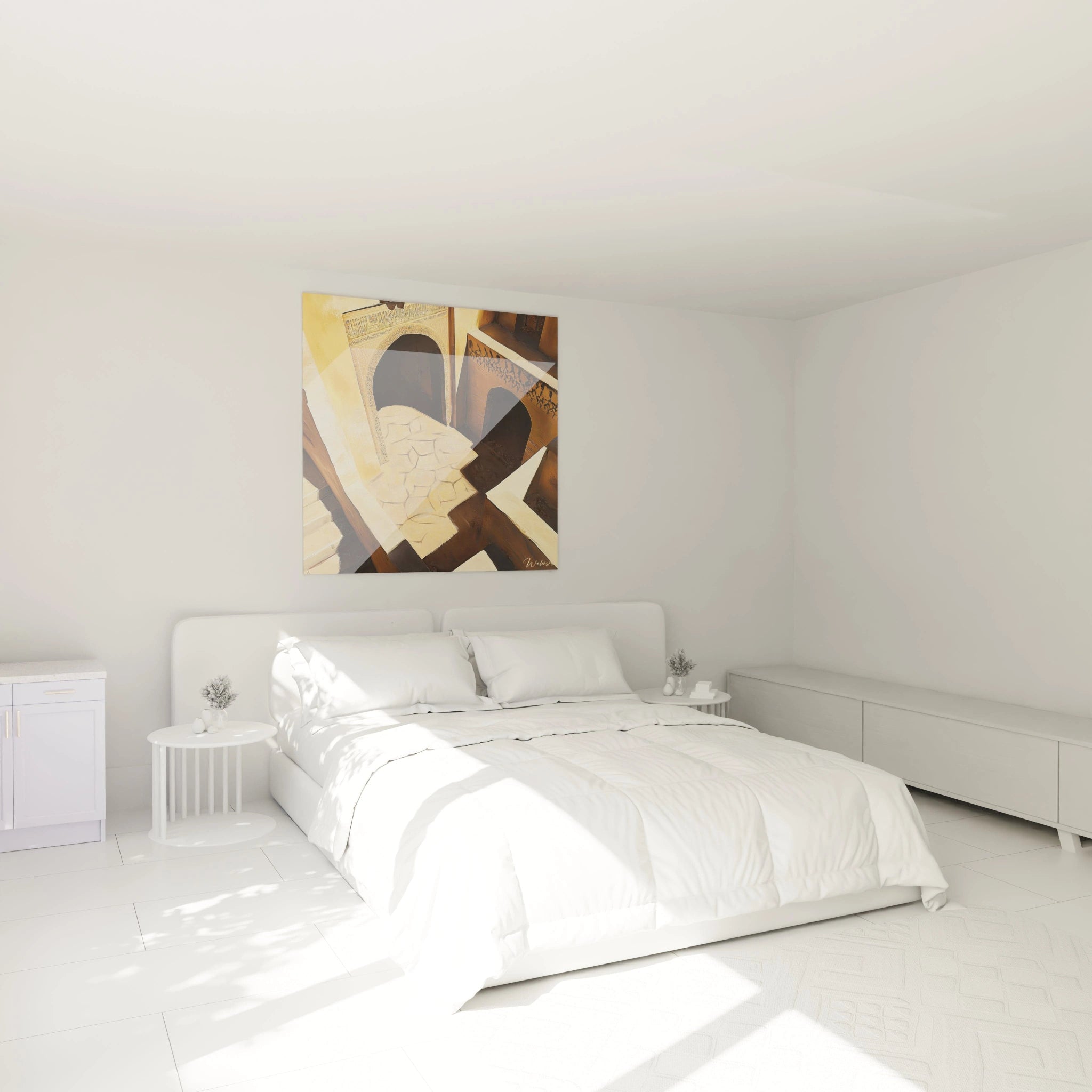 Tableau africain mural Walensky abstrait avec motifs géométriques dans chambre moderne lumineuse