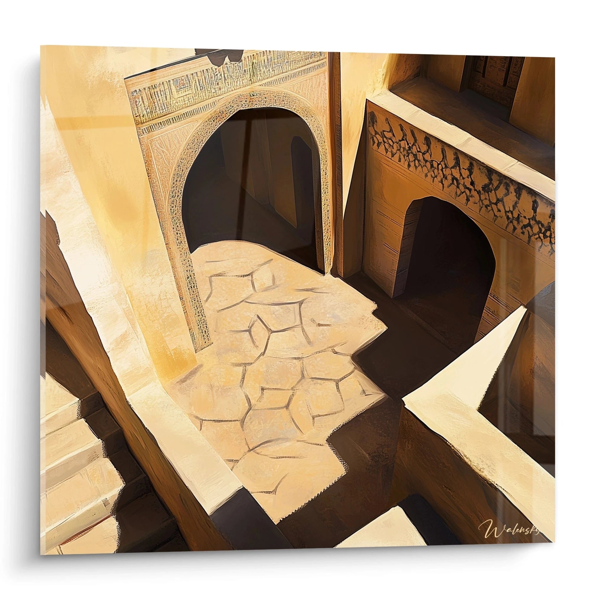 Tableau africain mural Walensky représentant une architecture traditionnelle en tons sable et ocre