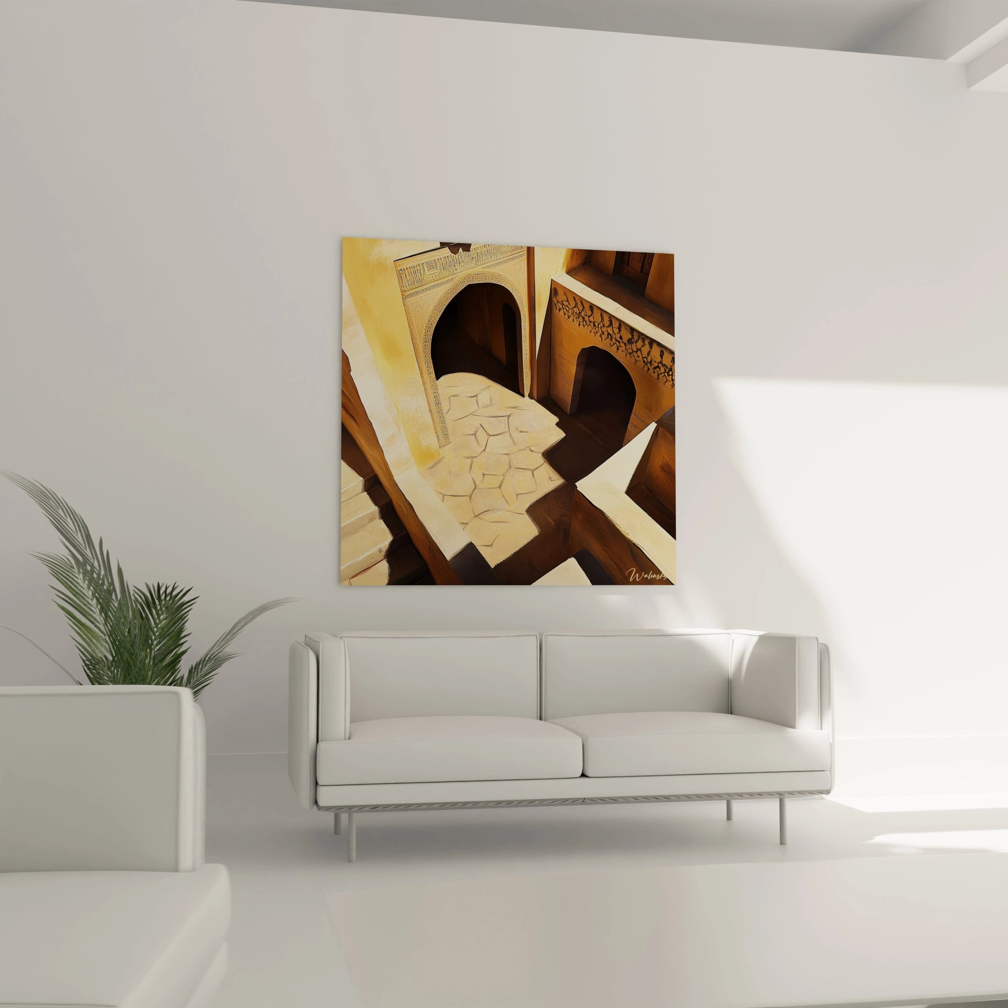 Tableau africain mural Walensky représentant une architecture traditionnelle en tons jaunes et bruns