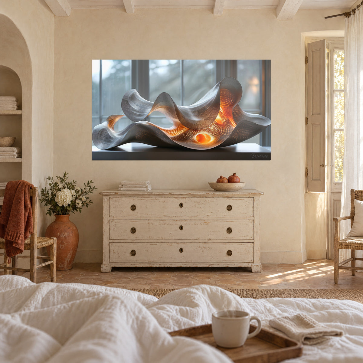 Wall art of ribbed silver metal scrolls with an amber glow at their core, couple seen from behind, above a bed in a light bedroom