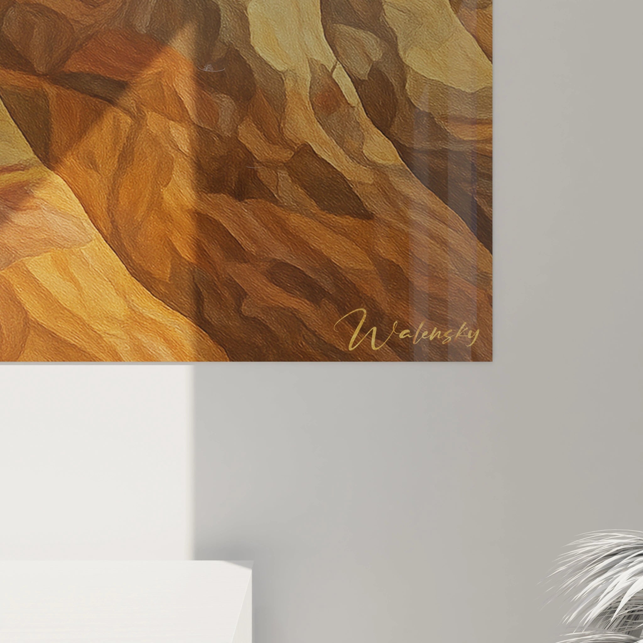 Tableau falaises stratifiées illustrant des couches rocheuses aux tons ocre, brun et sable. Les strates superposées créent un effet de relief et de profondeur, avec des lignes courbes qui se déploient comme un tissu minéral plissé.