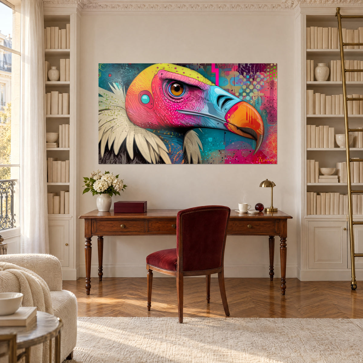 Wall art pop and colourful bearded vulture, dotted pink cheek and blue and orange beak, above a wooden desk between two bookshelves