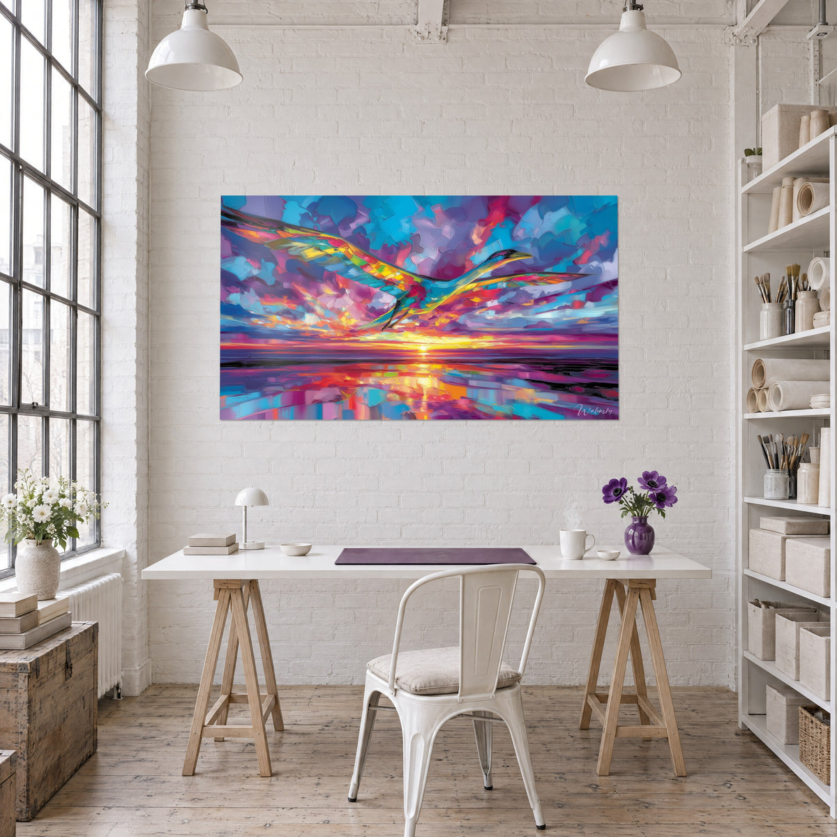 Schilderij reusachtige meeuw met gefacetteerde groene en rode vleugels, magenta en blauwe schemering, boven een wit bureau in een loft