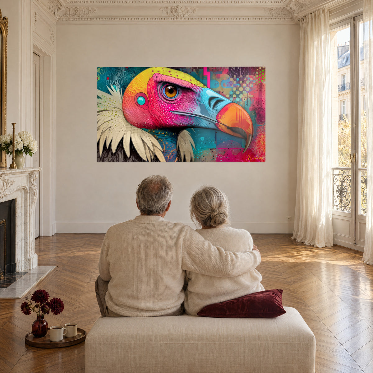 Wall art stylised tawny vulture with magenta and turquoise highlights, ivory plumage, facing a couple seated with their backs turned in a large living room