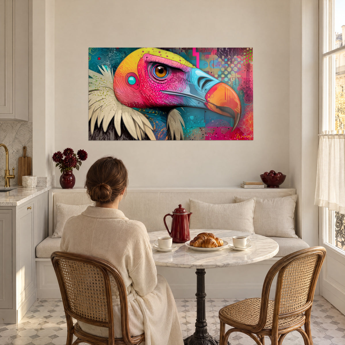 Wall art graphic condor head in vivid pink and yellow, bright orange beak, hung on the wall of a dining nook with two people seated