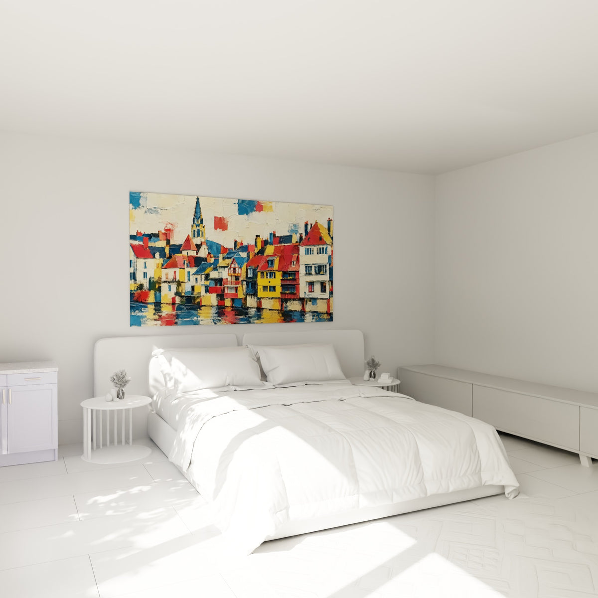 Façades jaunes et bleu marine d'un village fluvial, au-dessus d'un lit dans une chambre claire