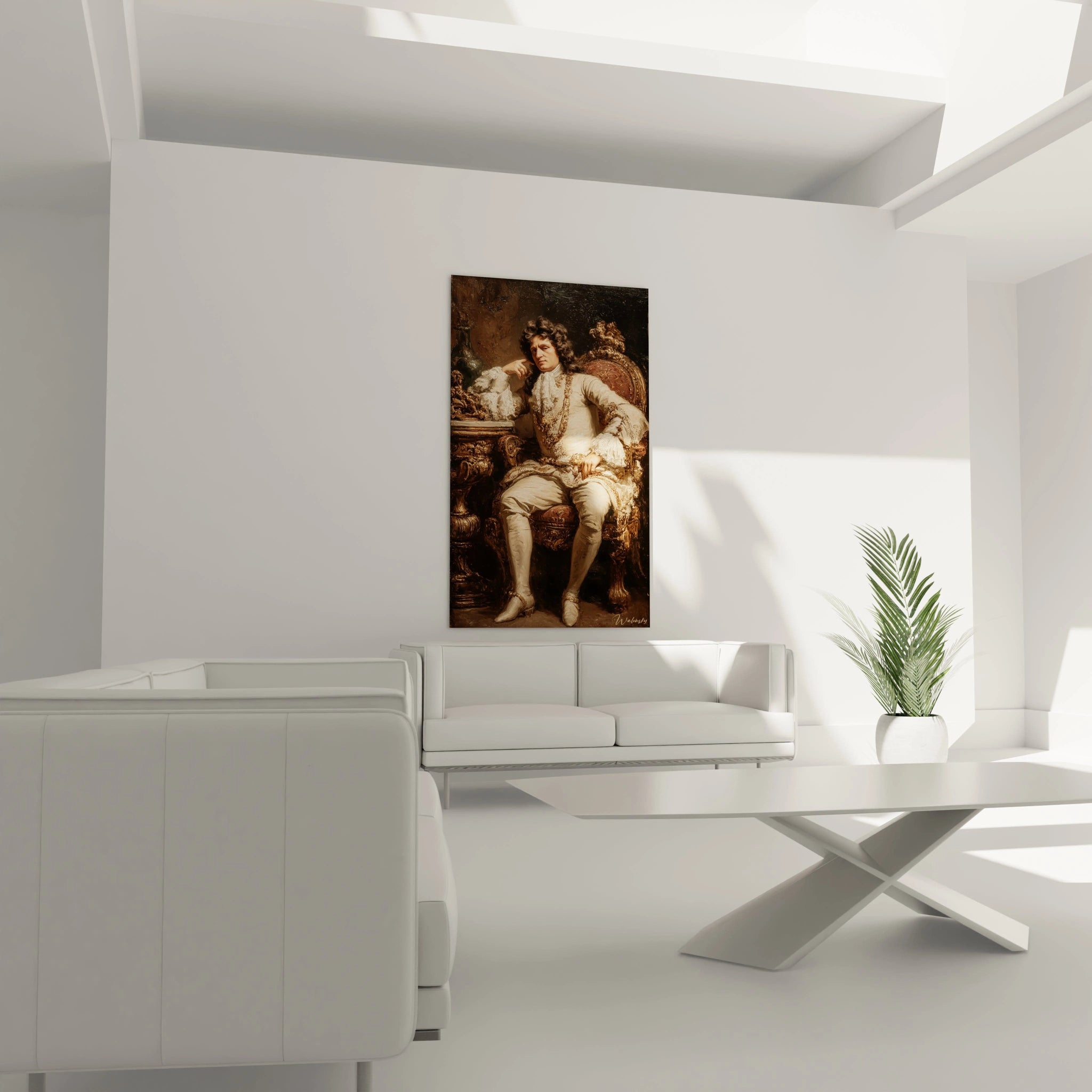 tableau Louis XIV décoratif Walensky accroché au mur d un salon minimaliste au dessus d un canapé blanc