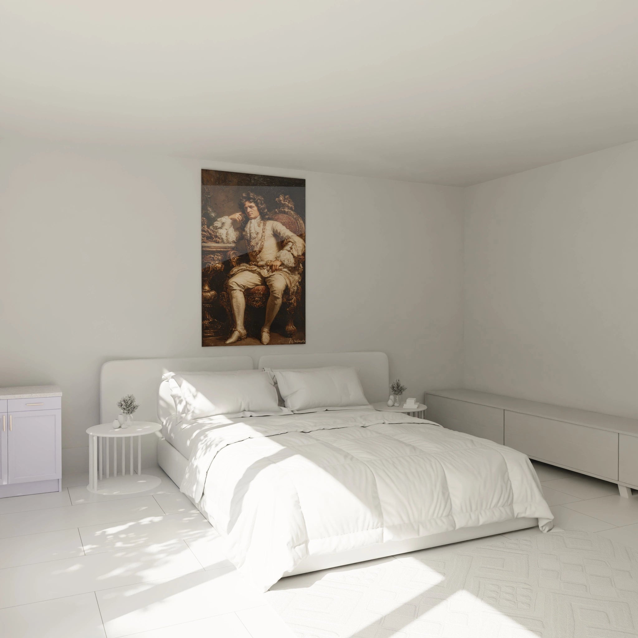 tableau Louis XIV décoratif Walensky accroché au dessus d un lit double blanc dans une chambre minimaliste et lumineuse