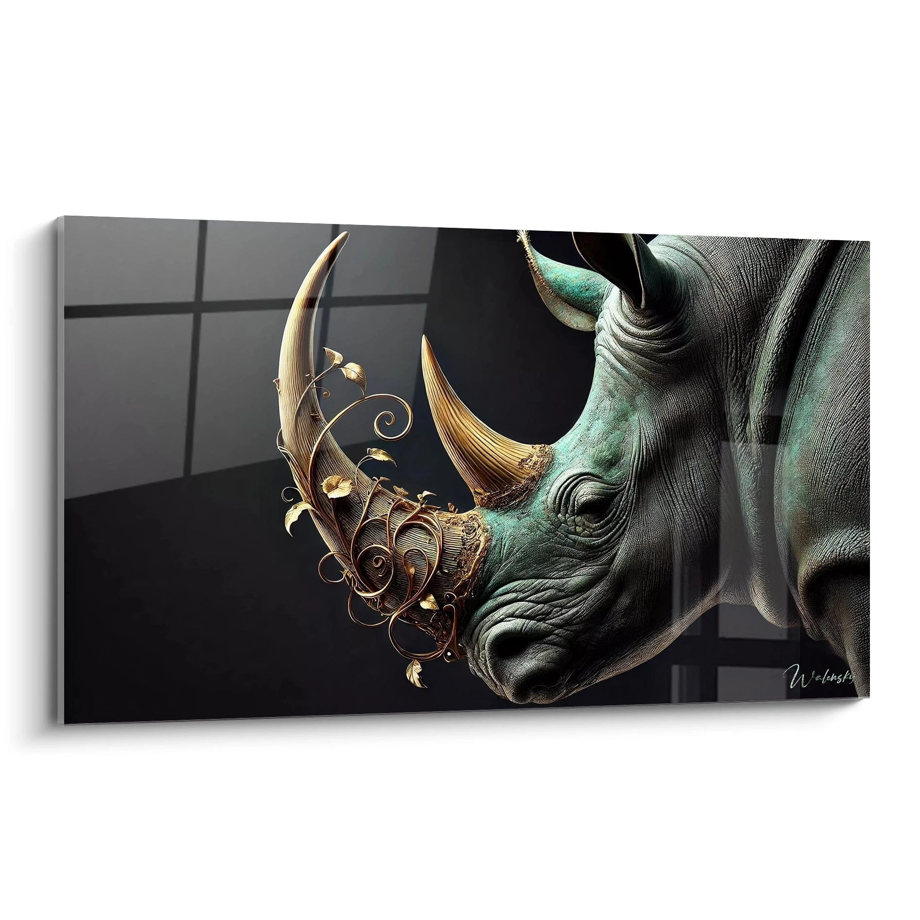 Découvrez ce tableau rhinoceros qui présente l'animal majestueux sous un angle unique. Les détails artistiques de ses cornes ajoutent une touche de fantaisie à sa puissance brute.