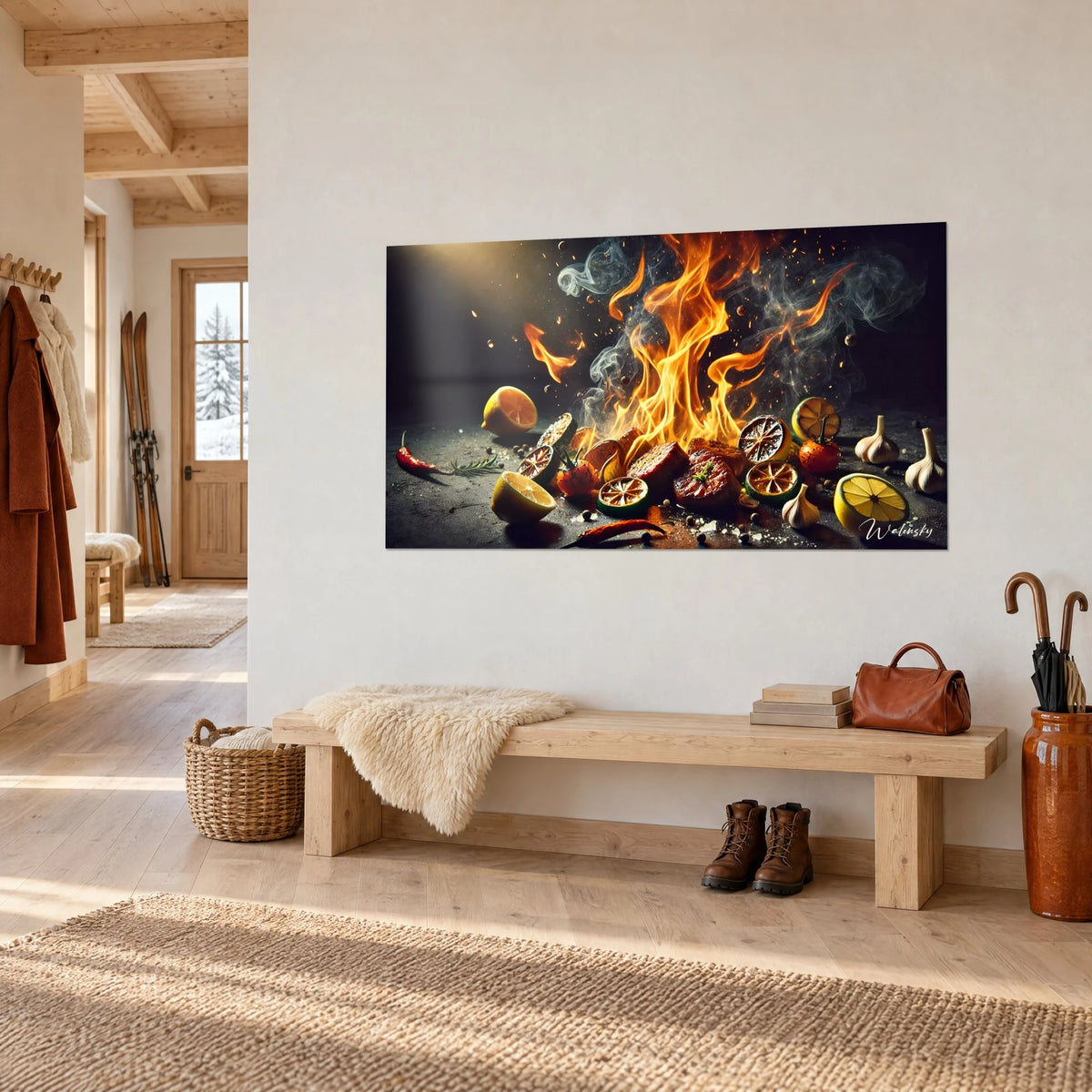 Tableau brasier ardent sur fond noir, gousses d'ail ivoire et piments rouges éparpillés, mur blanc d'un chalet en bois clair