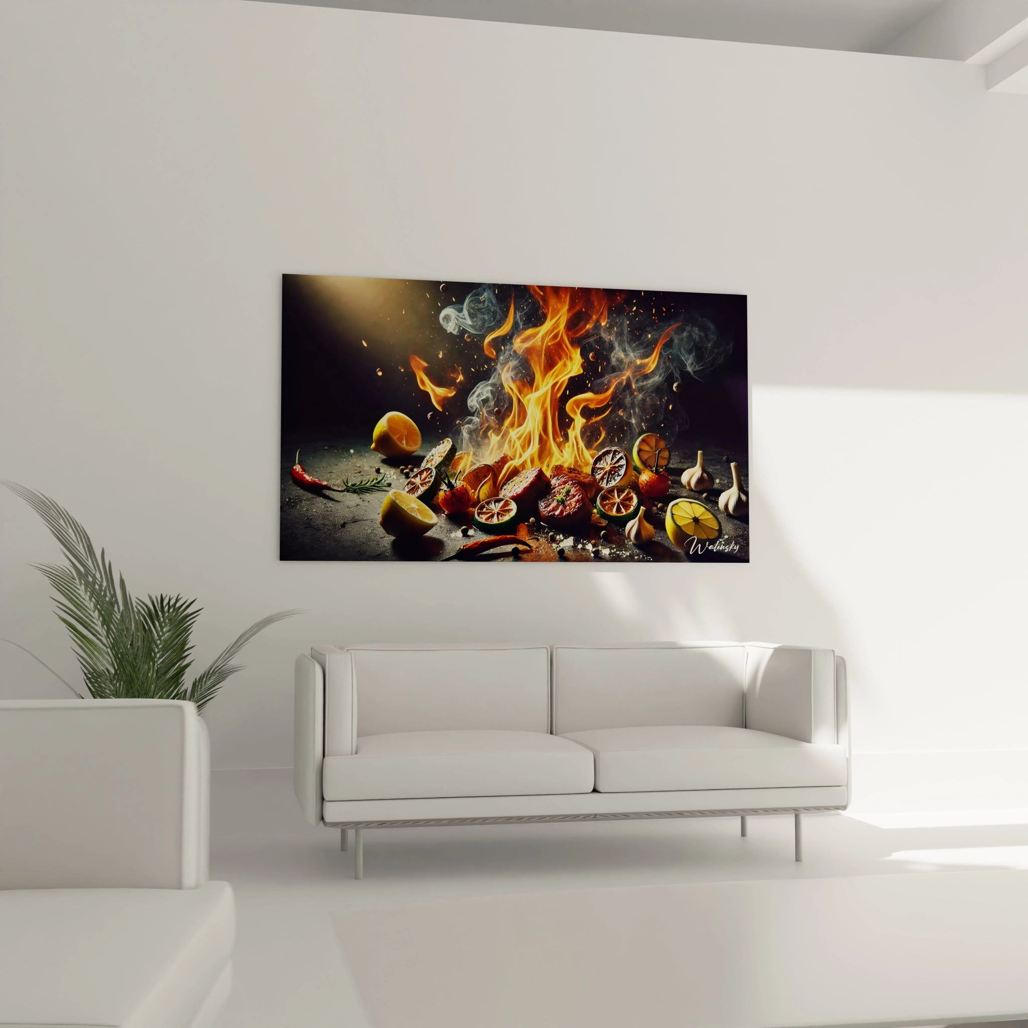 Ce tableau cuisine trouve sa place au-dessus du canapé, ajoutant une ambiance vibrante à votre salon. Les couleurs chaudes des flammes et des agrumes captivent l’attention.