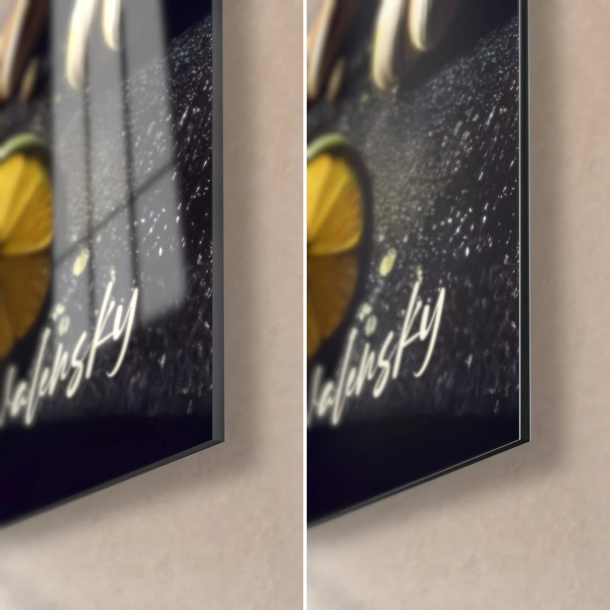 Tableau cuisine enflammée, coin bas droit : verre acrylique brillant reflétant la fenêtre, alu Dibond mat noir, tranche de 3 mm