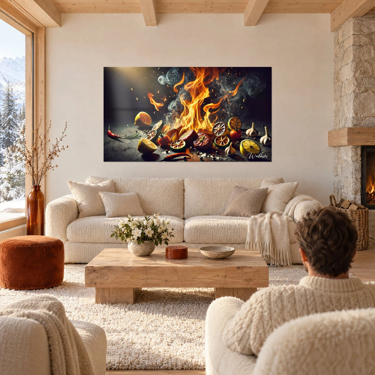 Tableau flammes orangées dansant sur des grillades, citrons jaunes et fumée grise, au-dessus d'un canapé dans un salon lumineux