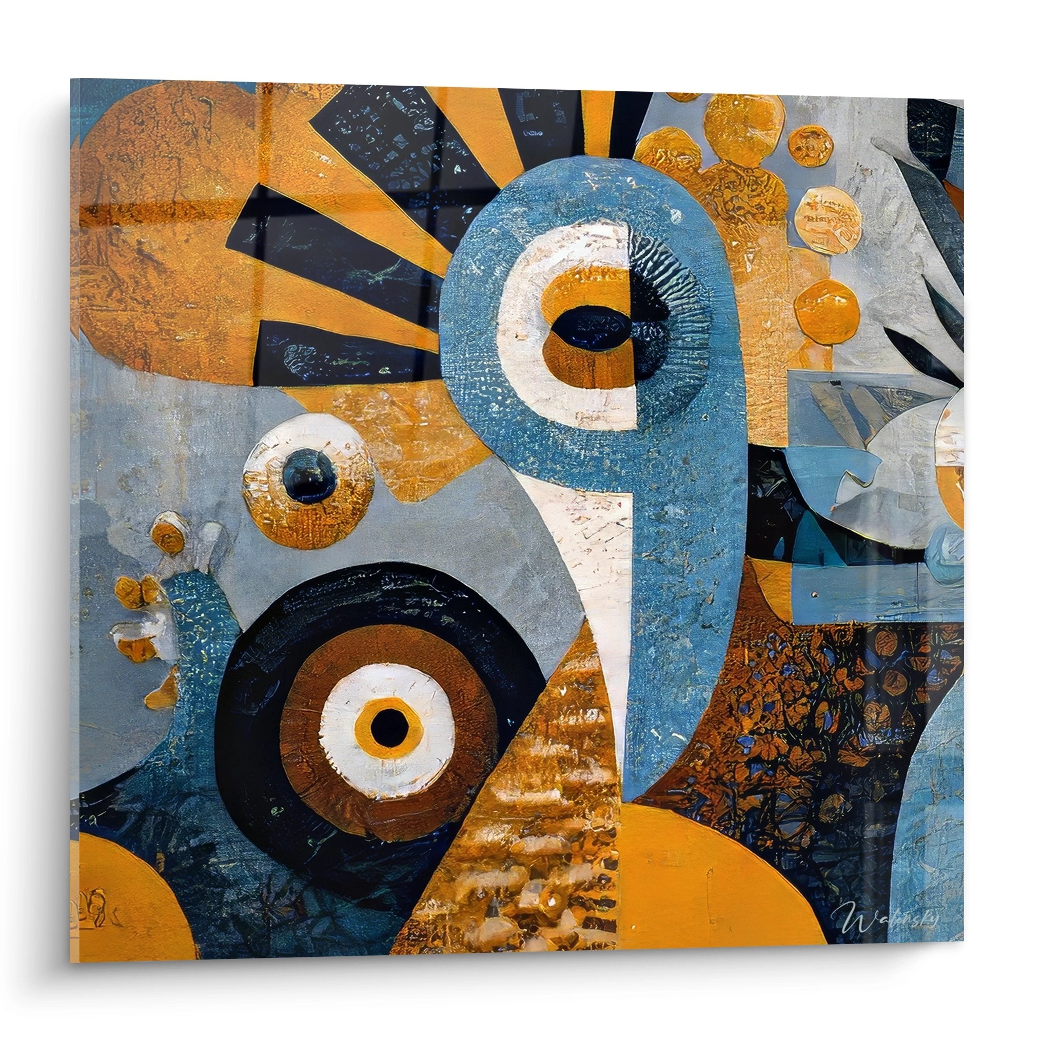 Tableau art abstrait africain aux motifs cosmiques avec yeux stylisés ocre bleu blanc