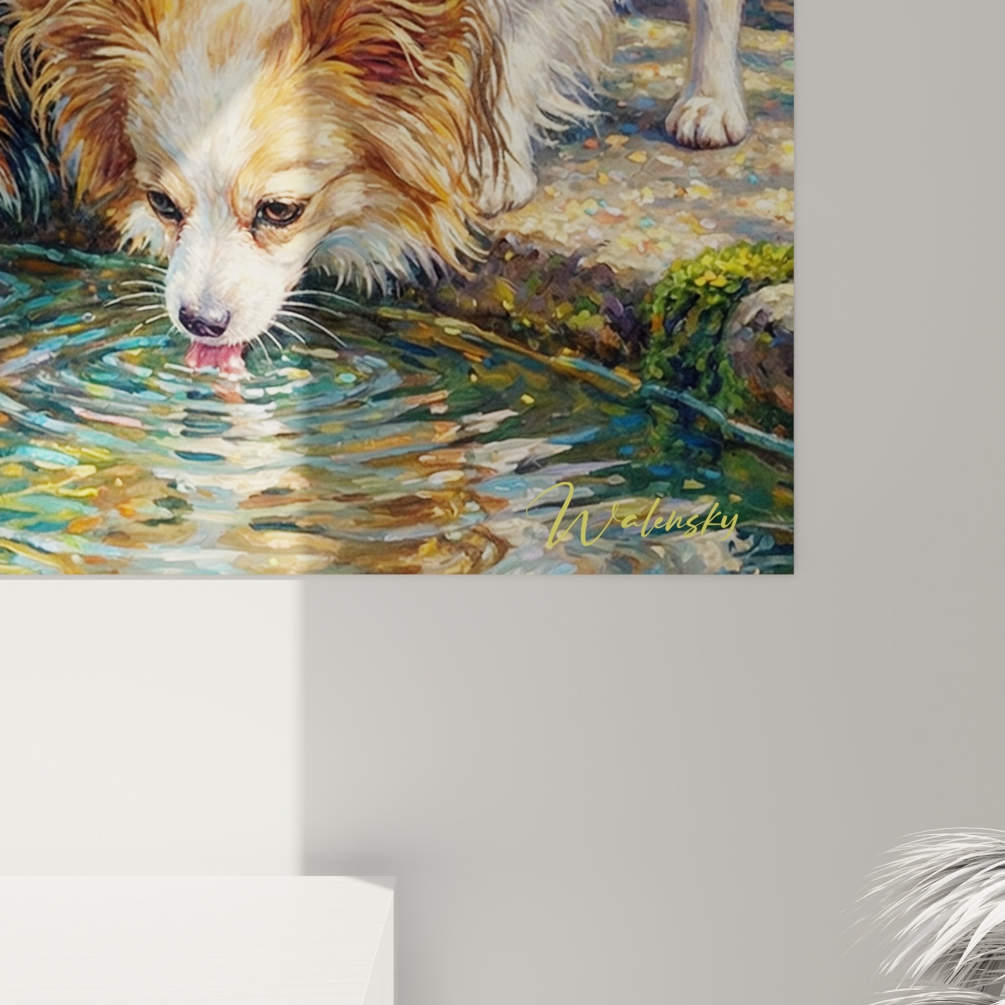 Vue d'ensemble du tableau chiens Papillon fontaine dans un intérieur élégant aux tons chaleureux