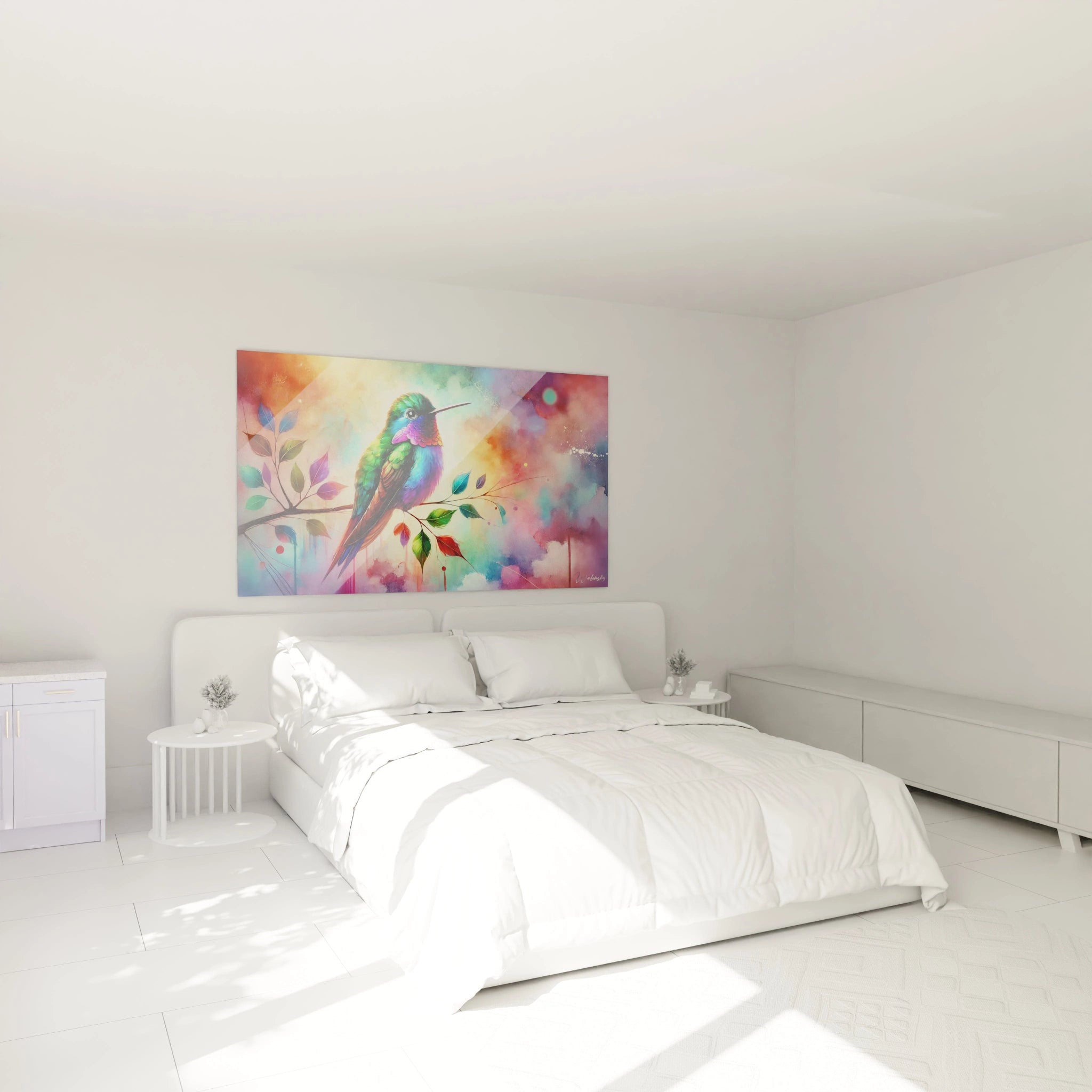 Accroche ton tableau colibri au-dessus du lit pour apporter une touche de fraicheur et d'elegance. Ce tableau apporte vivacite et douceur grace a ses nuances vert emeraude et violet