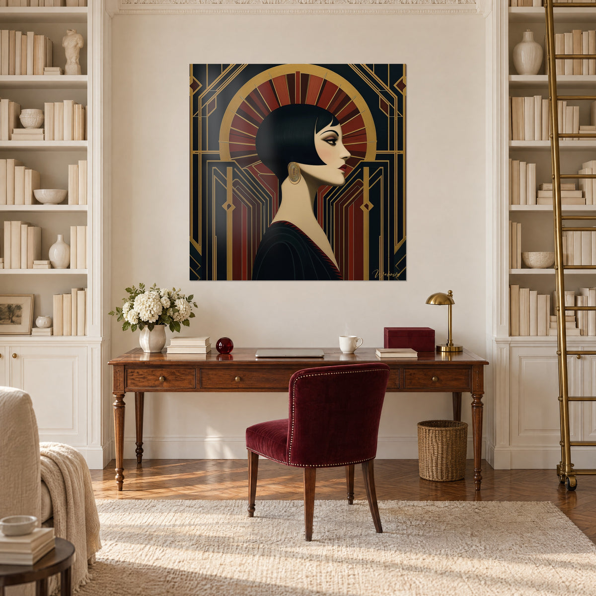 Quadro elegante con chignon nero scolpito, aureola dorata e archi rossi, appeso tra due librerie di uno studio