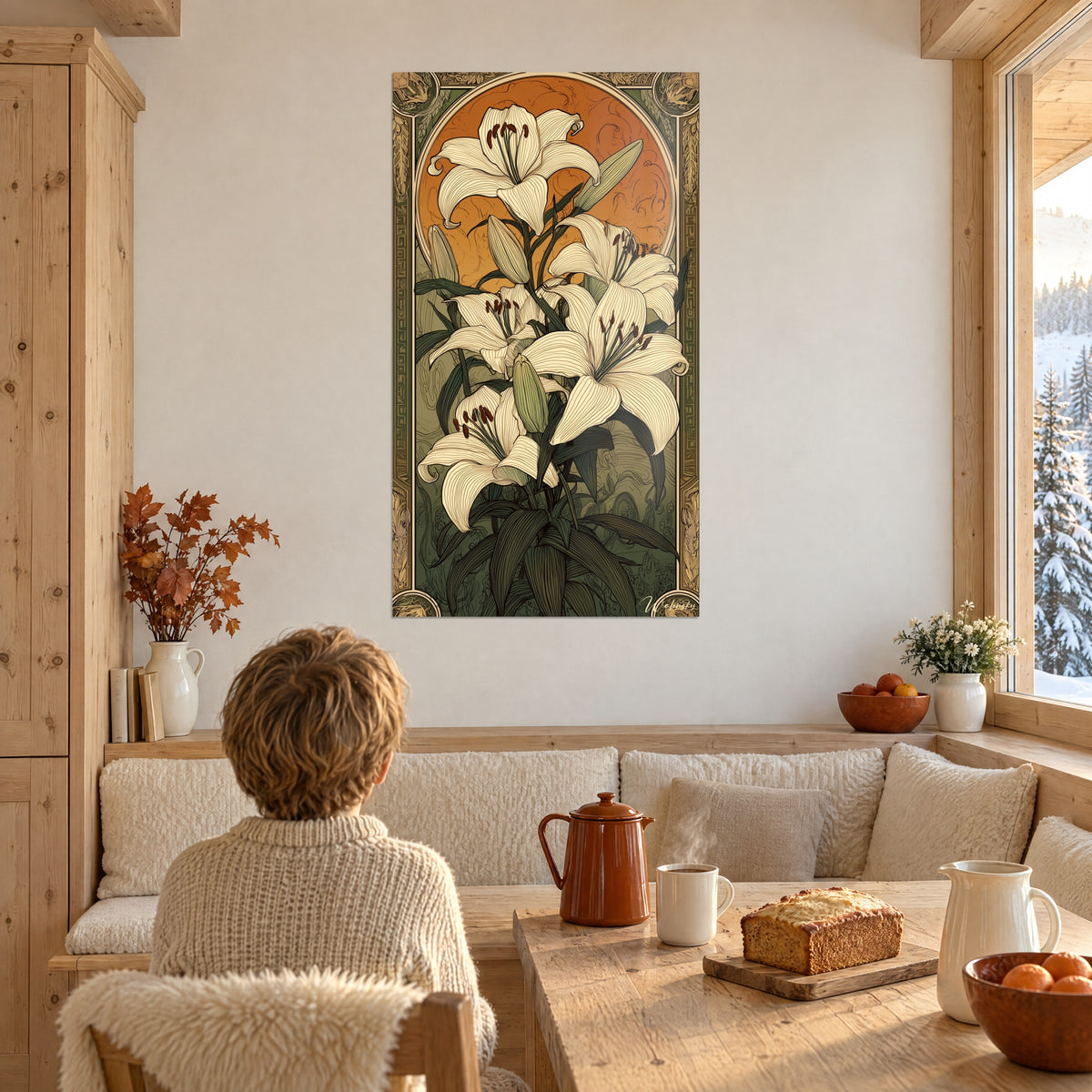 Tableau gerbe de lis blancs aux traits fins, arrière-plan cuivré et vert olive, mur crème d'un chalet, couple de dos