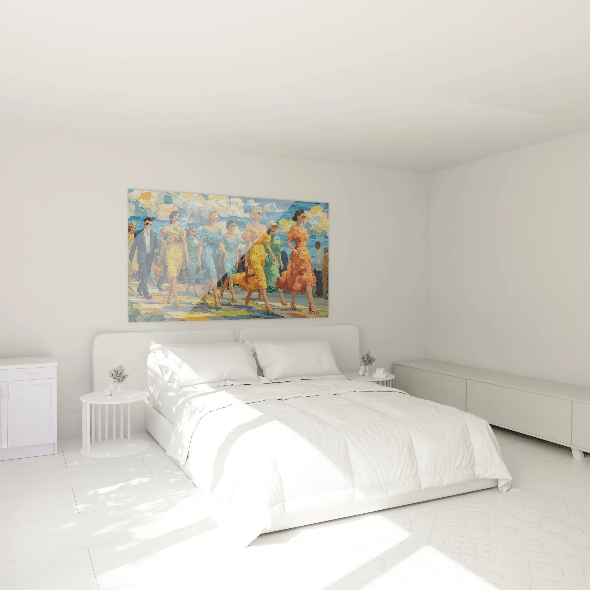 Tableau art déco moderne de Walensky sur un mur de chambre lumineuse avec un lit et des meubles clairs