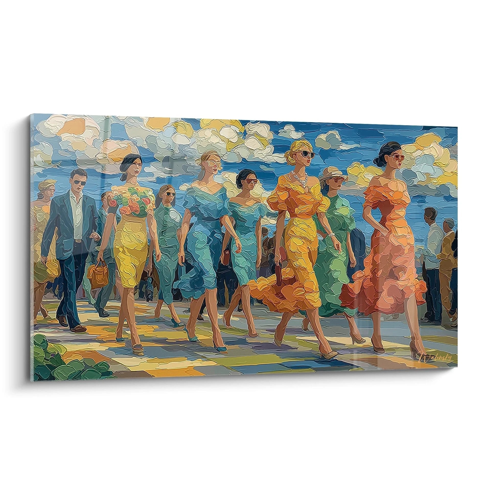 Tableau art déco moderne représentant des femmes en robes colorées défilant sur un trottoir ensoleillé