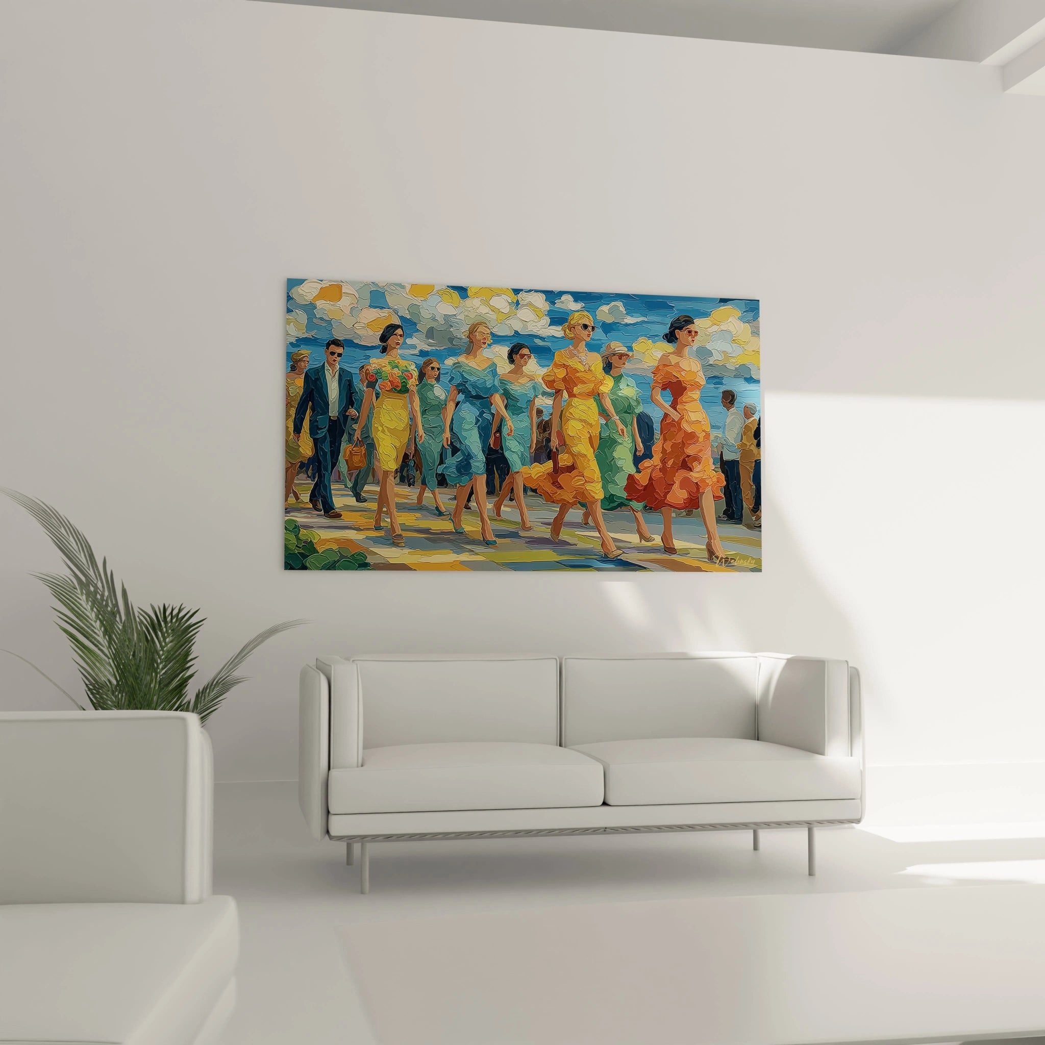 Tableau art déco moderne de Walensky représentant des femmes en robes colorées marchant sur une promenade