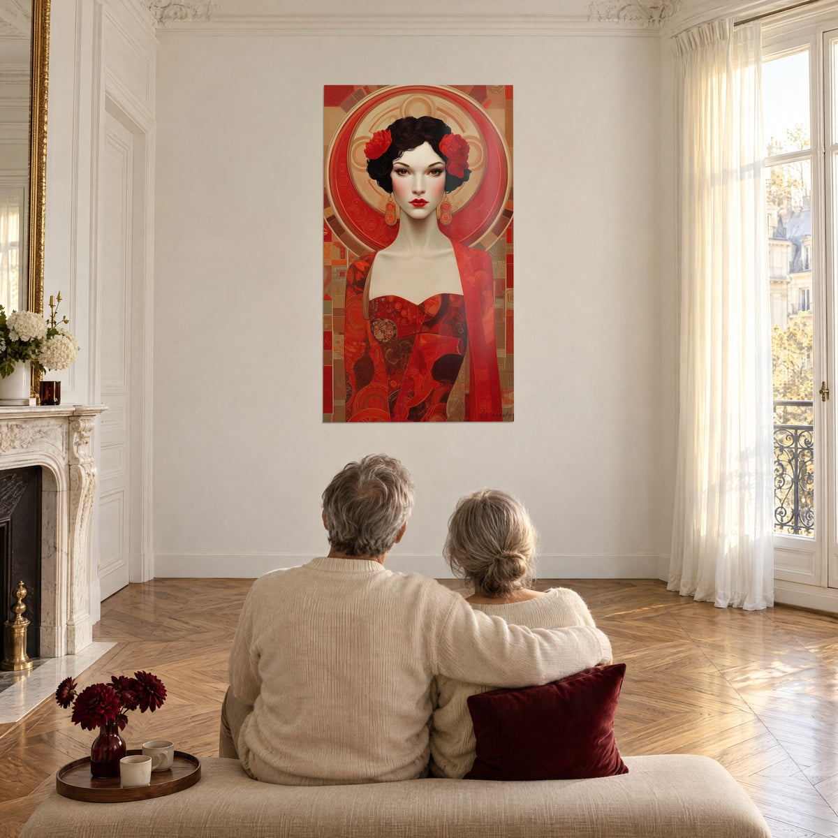 Schilderij Art-decosilhouet gehuld in fel rood met een gouden cirkel, oud koppel van achteren op een bank in een grote woonkamer met parketvloer