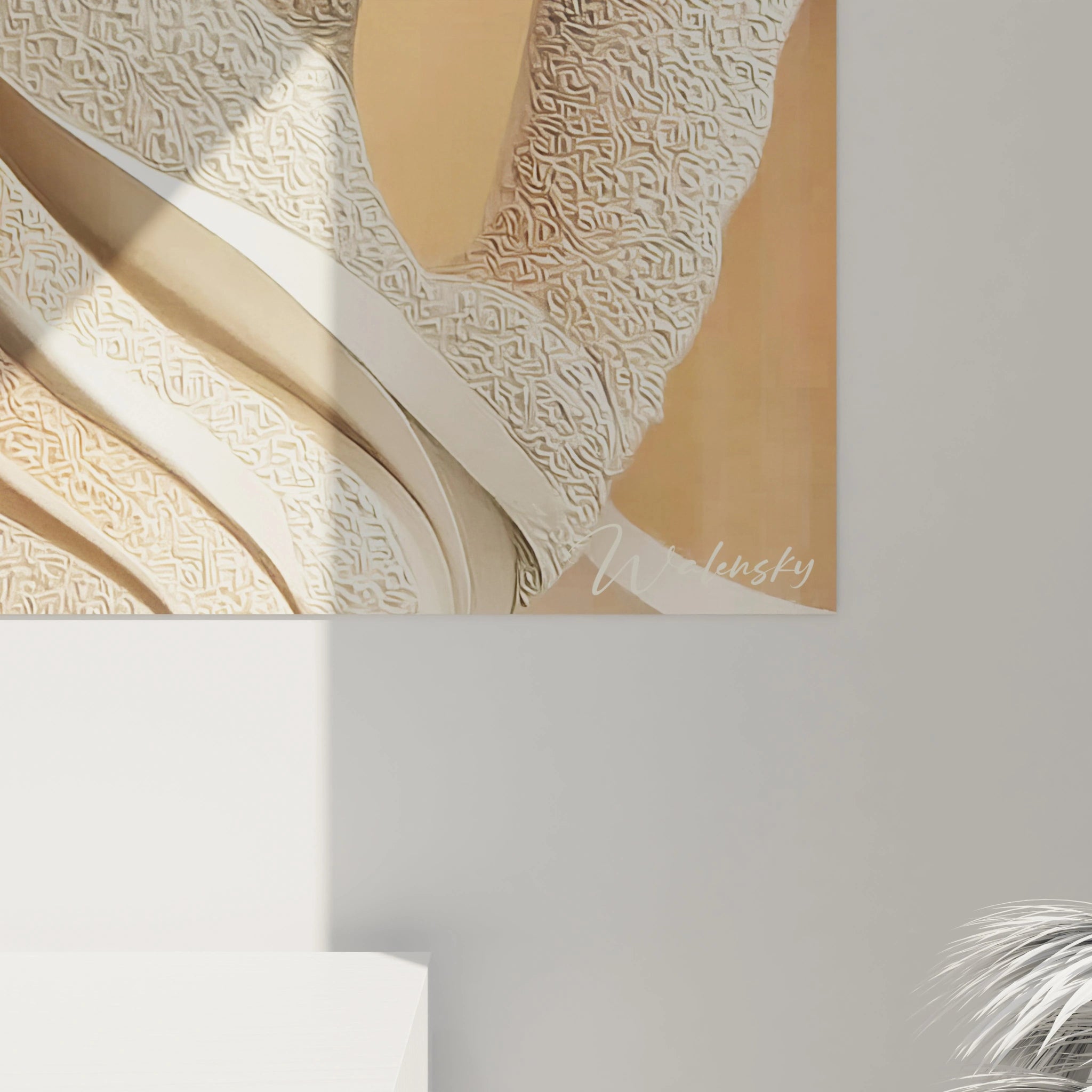 Tableau art déco masculin de Walensky avec des motifs géométriques élégants en beige et or