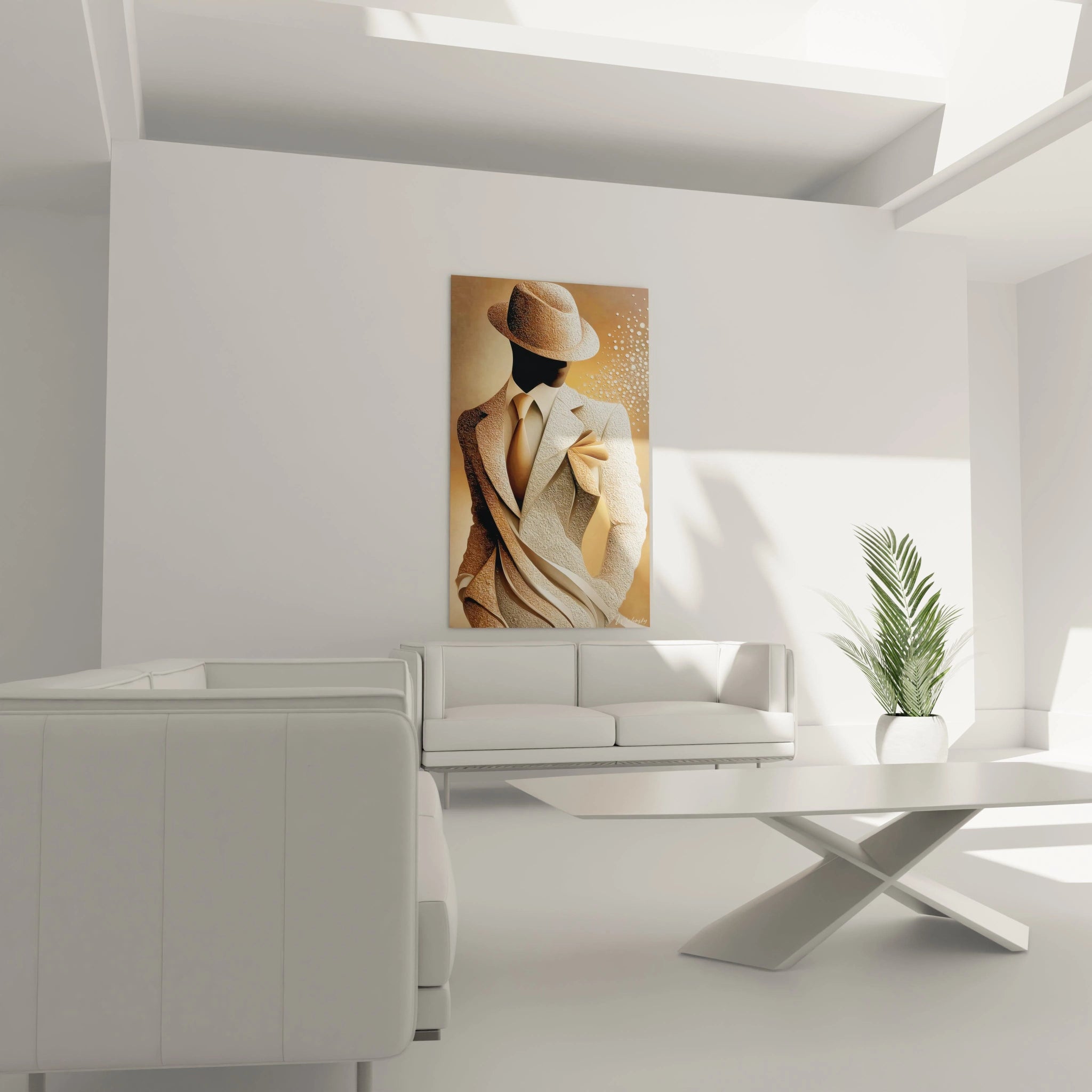 Tableau art déco masculin de Walensky représentant une silhouette élégante dans un intérieur moderne