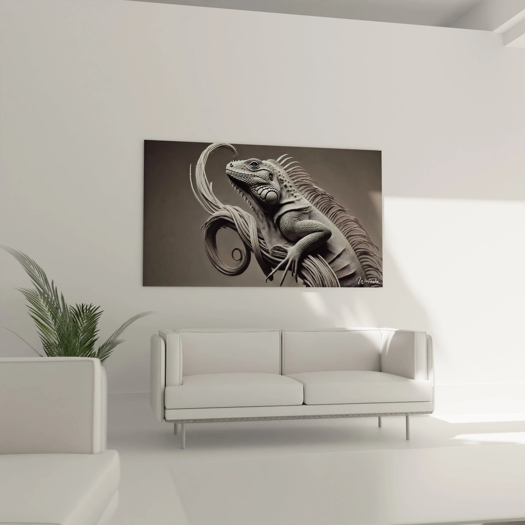 tableau iguane au-dessus du canapé dans votre salon il devient l'attraction centrale, apportant un équilibre entre précision réaliste et abstraction fluide