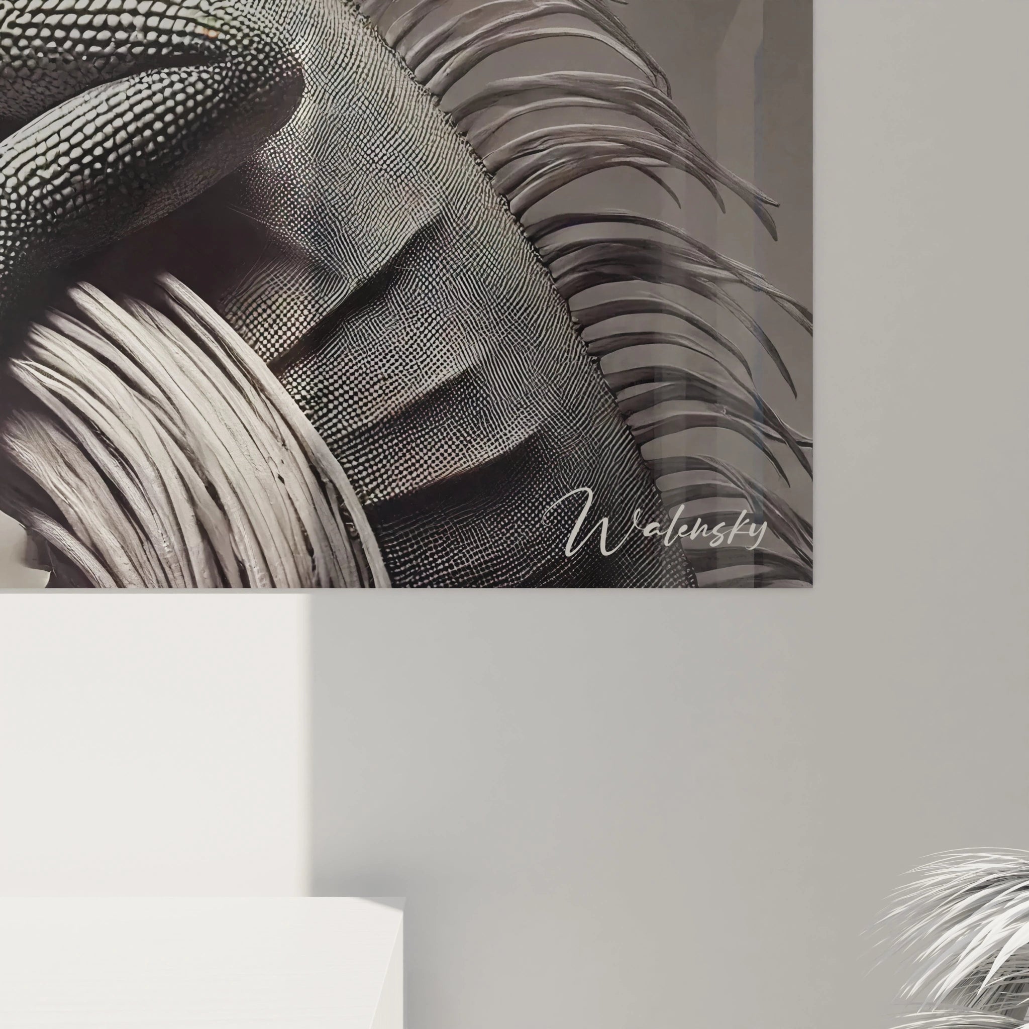 découvrez les détails minutieux du tableau iguane de pres la texture des écailles et les courbes sinueuses de la branche stylisée se fondent dans une composition captivante