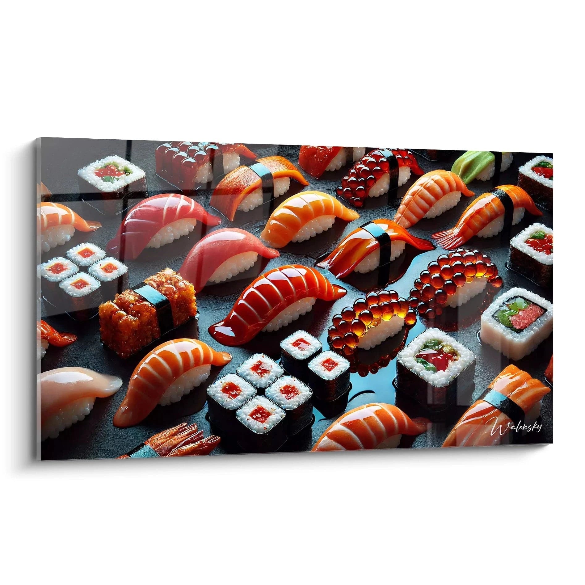 Le tableau cuisine présente une vue dynamique avec une mise en valeur des sushis soigneusement disposés. Les couleurs vibrantes du saumon, thon et caviar de saumon se détachent sur un fond noir intense.