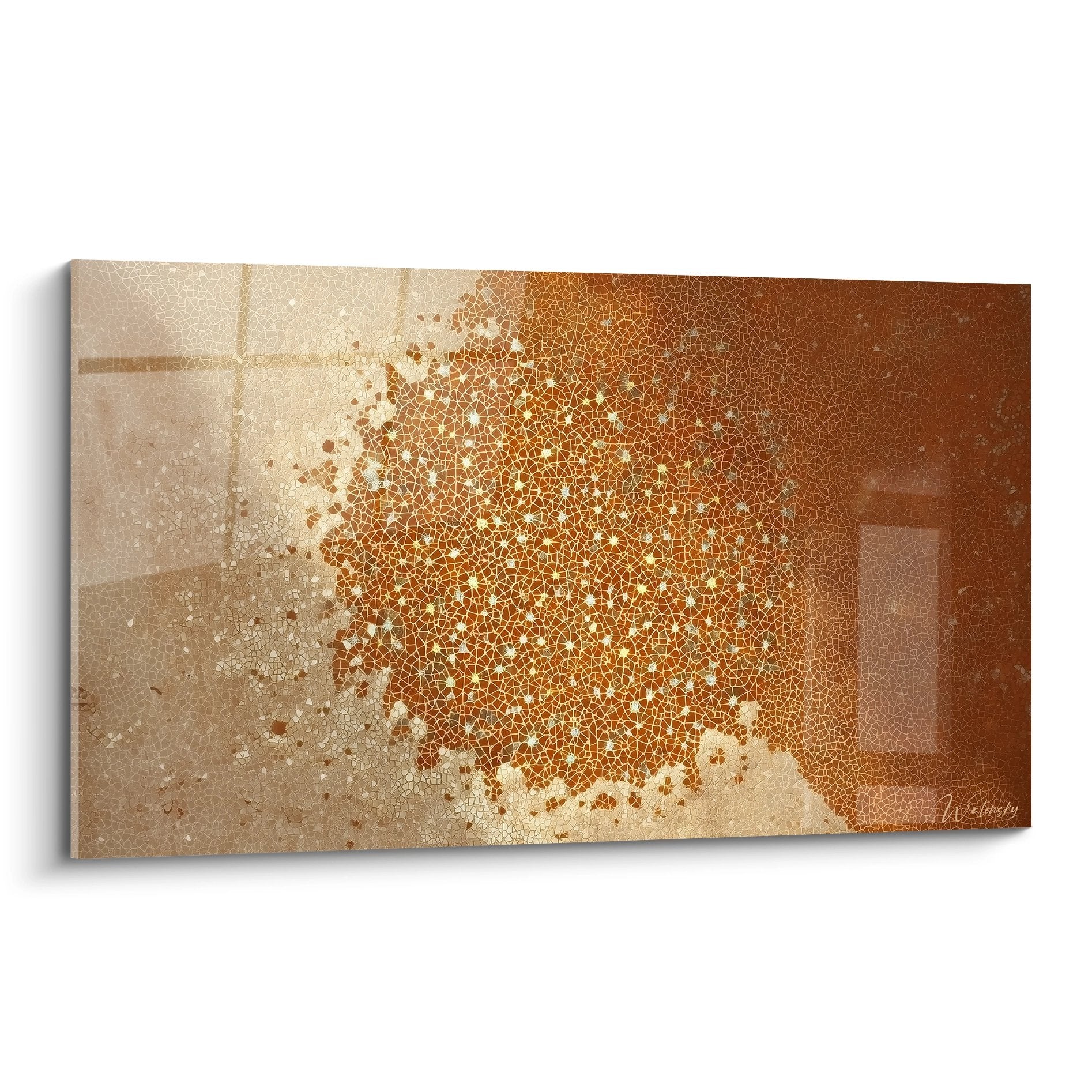 Tableau art islamique motifs geometriques dores sur fond ocre beige avec effets lumineux