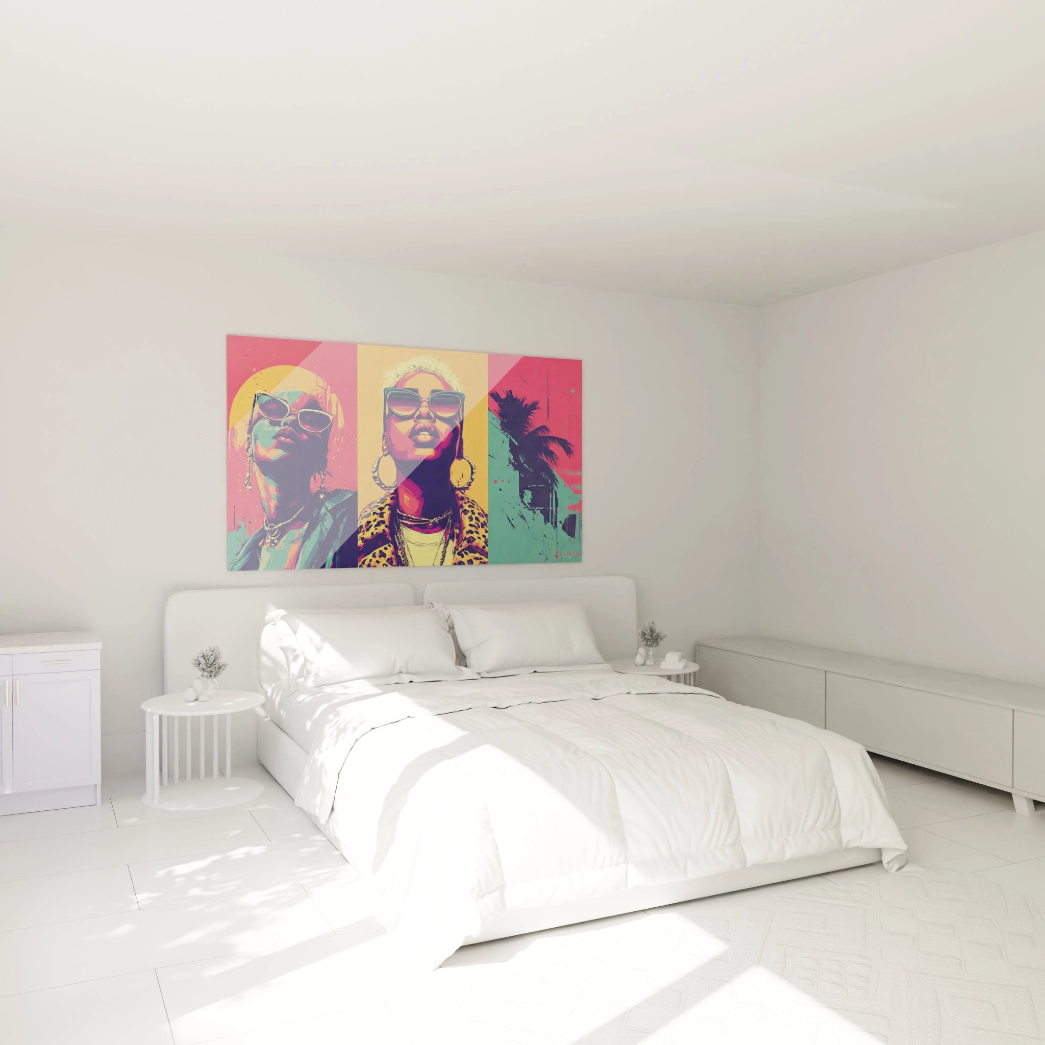 Tableau art moderne femmes coloré dans une chambre avec lit et mobilier minimaliste