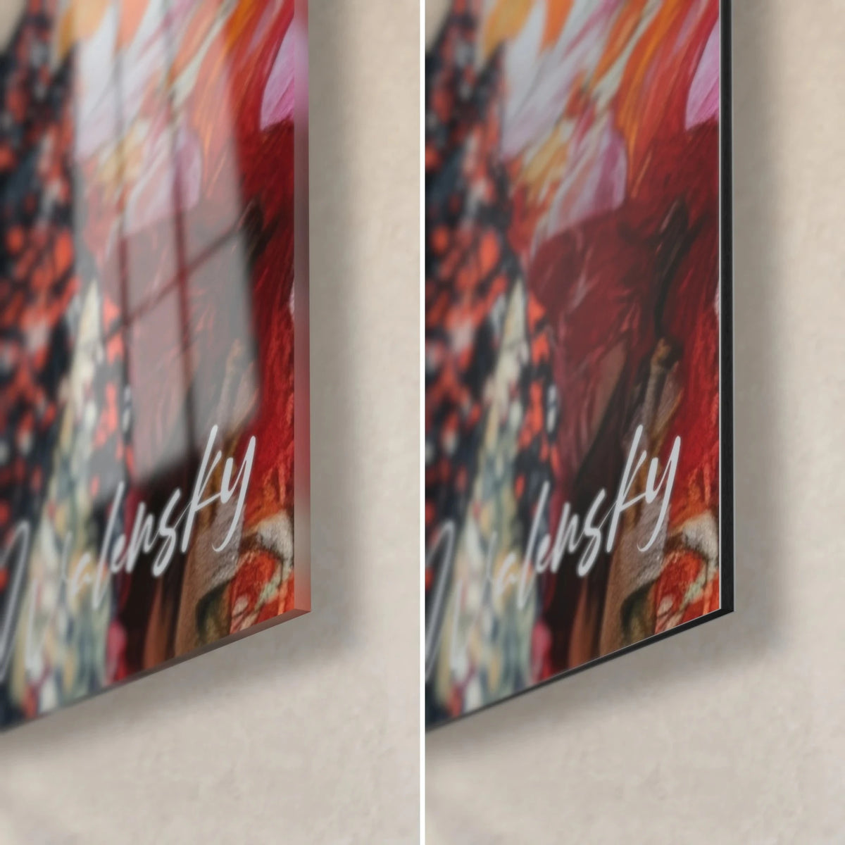 Schilderij modeportret in levendige rood- en diepe zwarttinten, rechtsonder: glanzend acrylglas en mat Dibond, rand van 3 mm